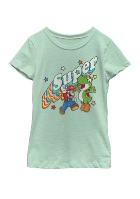Nintendo Girls 7-16 Super Mario Yoshi Mario Rainbow 3D Star Short Sleeve Graphic T-Shirt, Mint, Large