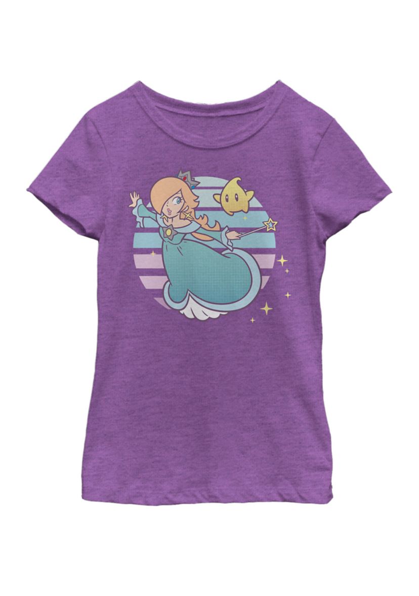 Girls 7-16 Super Mario Rosalina And Luma Striped Background Portrait Short Sleeve Graphic T-Shirt