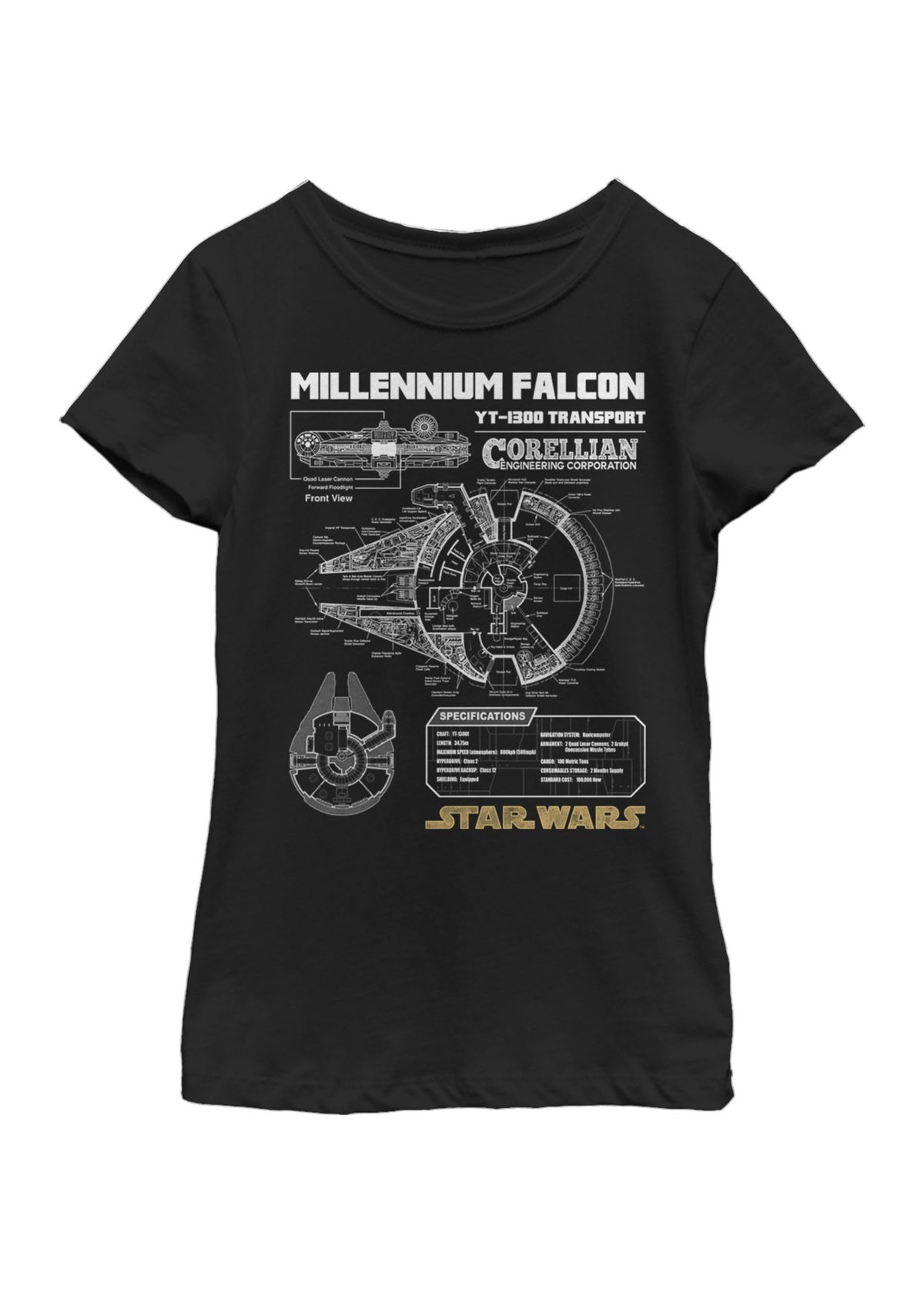  Girls 7-16 Gold Millennium Falcon Schematics Short Sleeve Graphic T-Shirt 