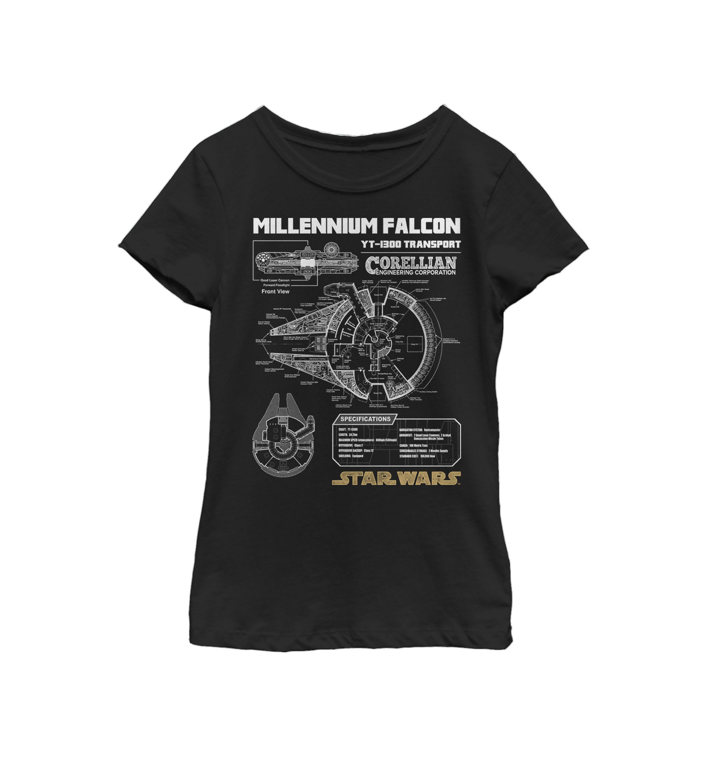  Girls 7-16 Gold Millennium Falcon Schematics Short Sleeve Graphic T-Shirt 
