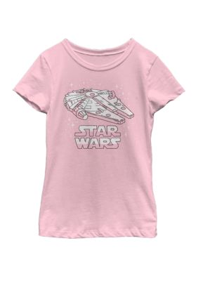 Star Wars Girls 7-16 Logo Millennium Falcon Stitched Space B1 Short Sleeve Graphic T-Shirt, Pink, Large -  0194544107346