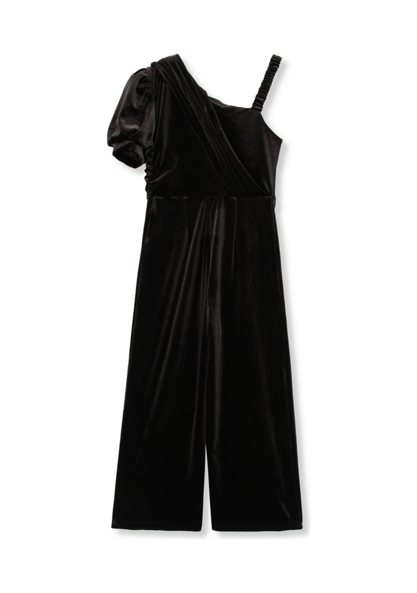 Girls 7-16 Asymmetrical Pleat Wide Leg Velour Jumpsuit