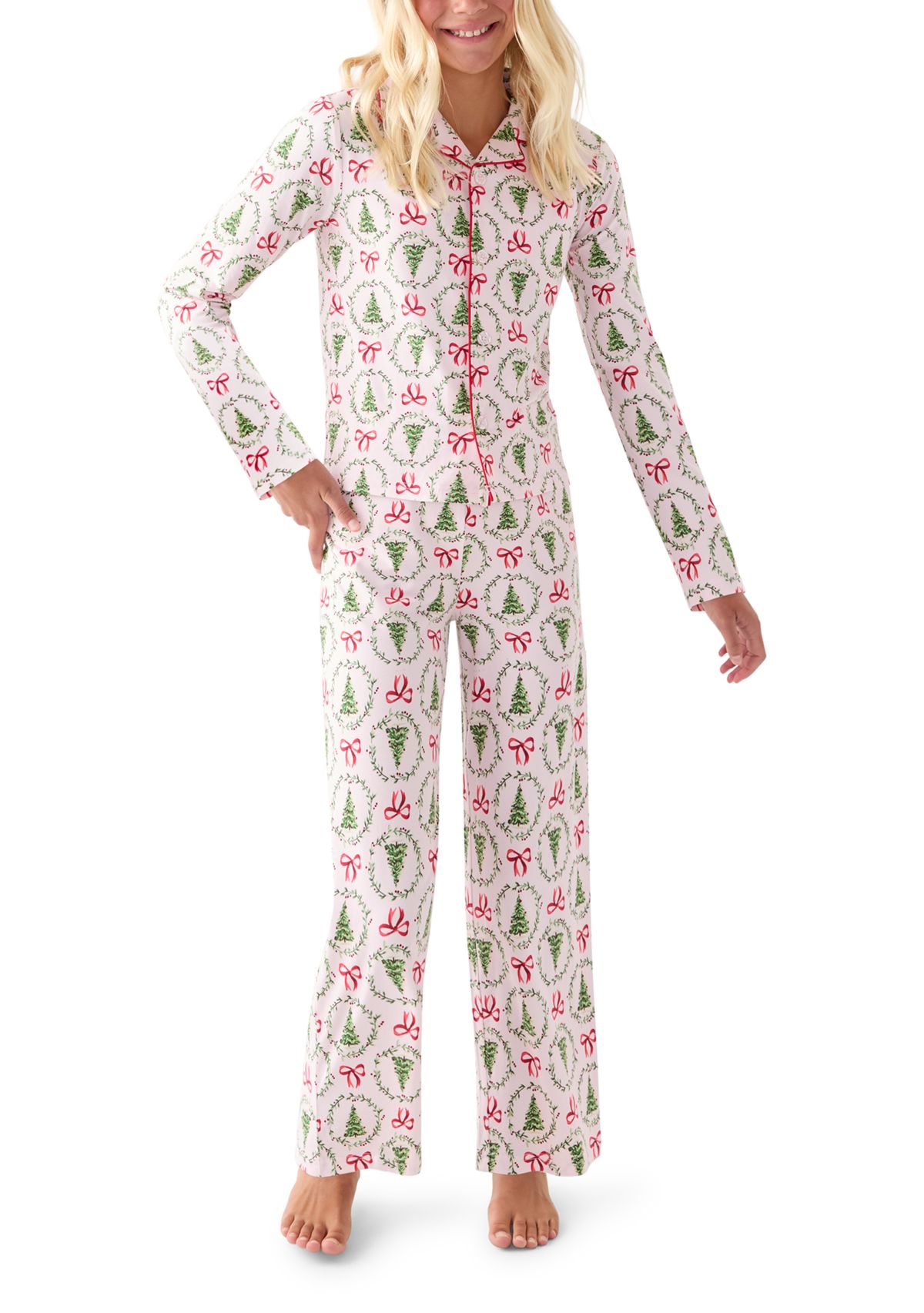 Unisex Big Kid Holiday Bows & Wreaths Notch Collar Pajama Set 
