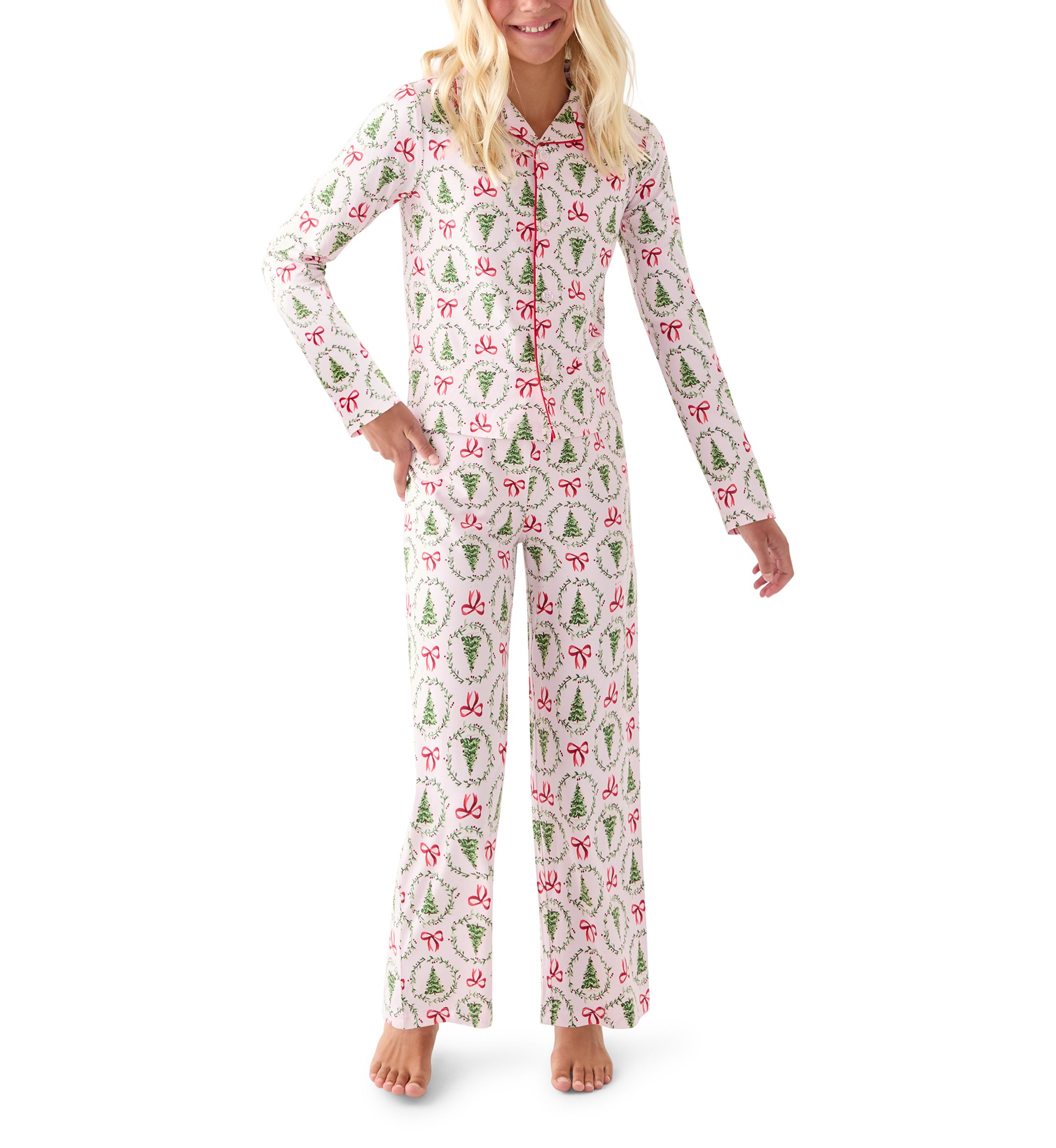 Unisex Big Kid Holiday Bows & Wreaths Notch Collar Pajama Set 