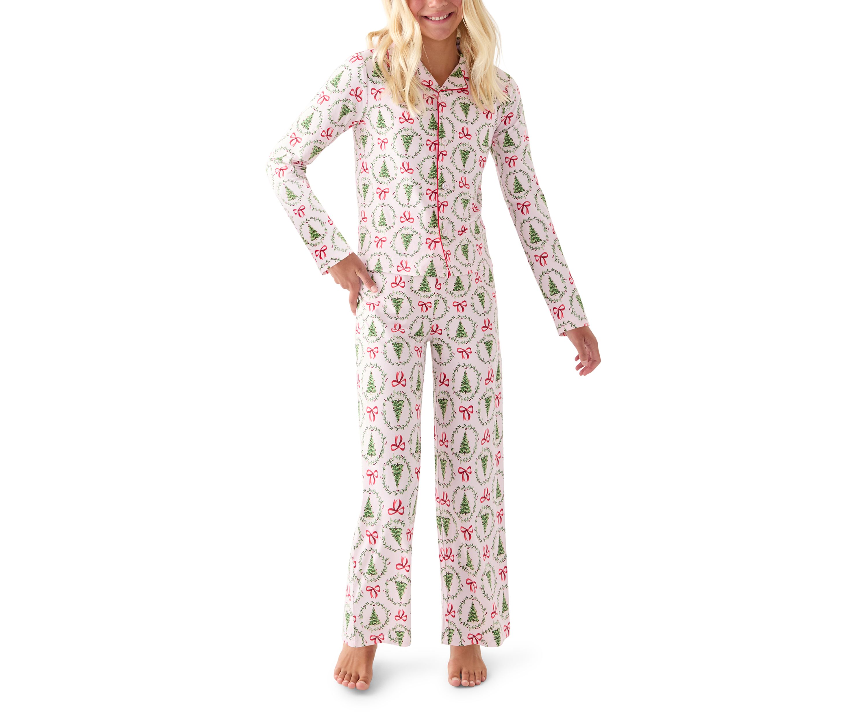 Unisex Big Kid Holiday Bows & Wreaths Notch Collar Pajama Set 