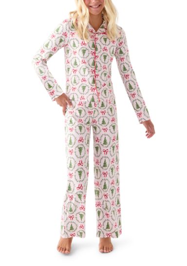 Unisex Big Kid Holiday Bows & Wreaths Notch Collar Pajama Set 