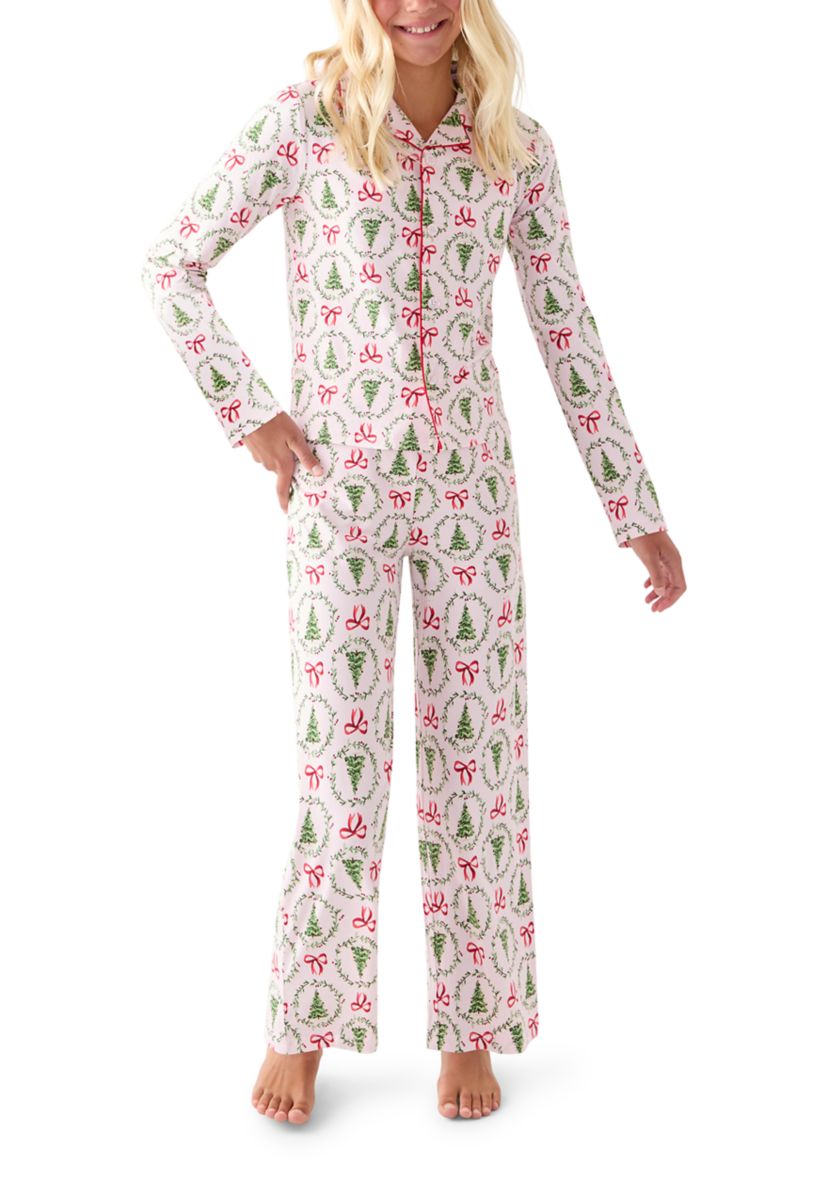 Unisex Big Kid Holiday Bows & Wreaths Notch Collar Pajama Set 