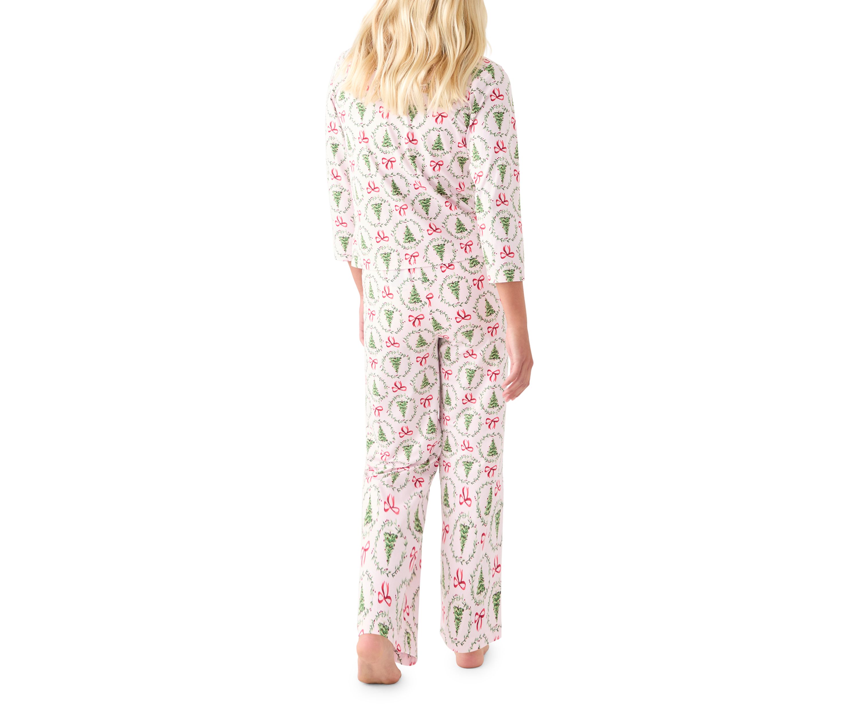 Unisex Big Kid Holiday Bows & Wreaths Notch Collar Pajama Set 