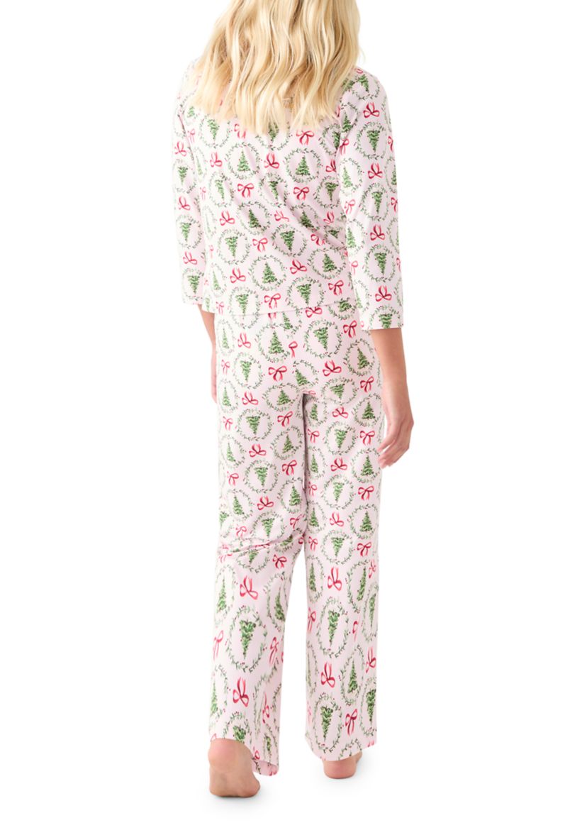 Unisex Big Kid Holiday Bows & Wreaths Notch Collar Pajama Set 