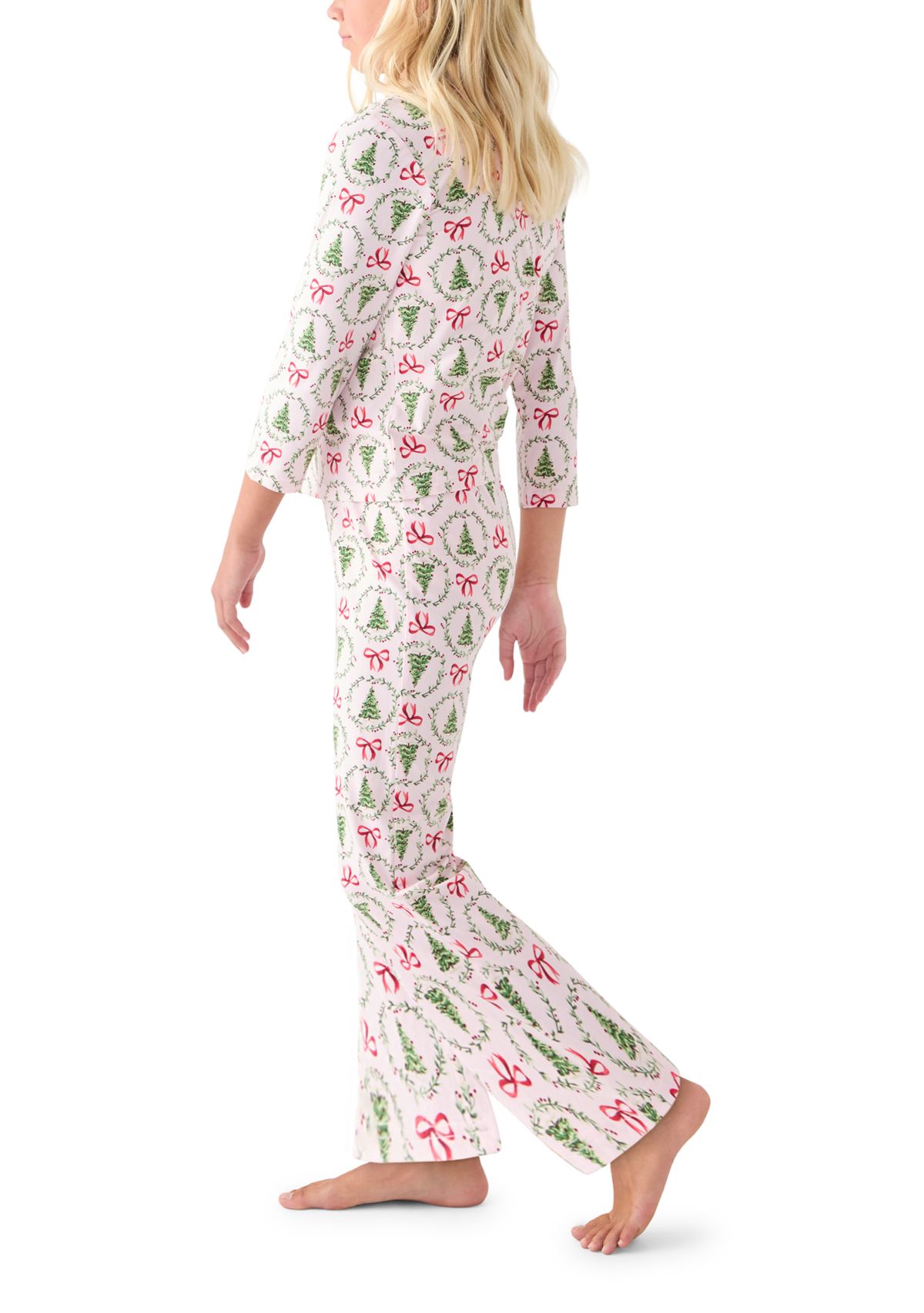 Unisex Big Kid Holiday Bows & Wreaths Notch Collar Pajama Set 