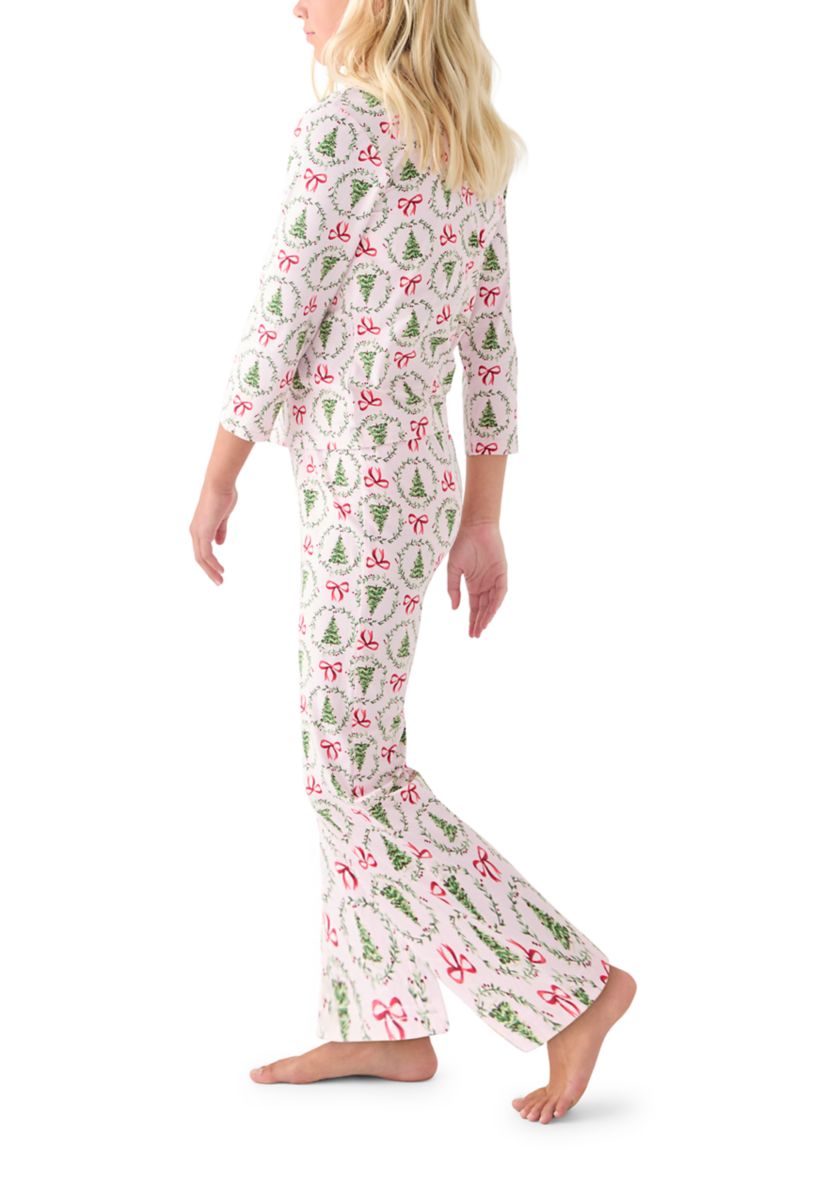 Unisex Big Kid Holiday Bows & Wreaths Notch Collar Pajama Set 