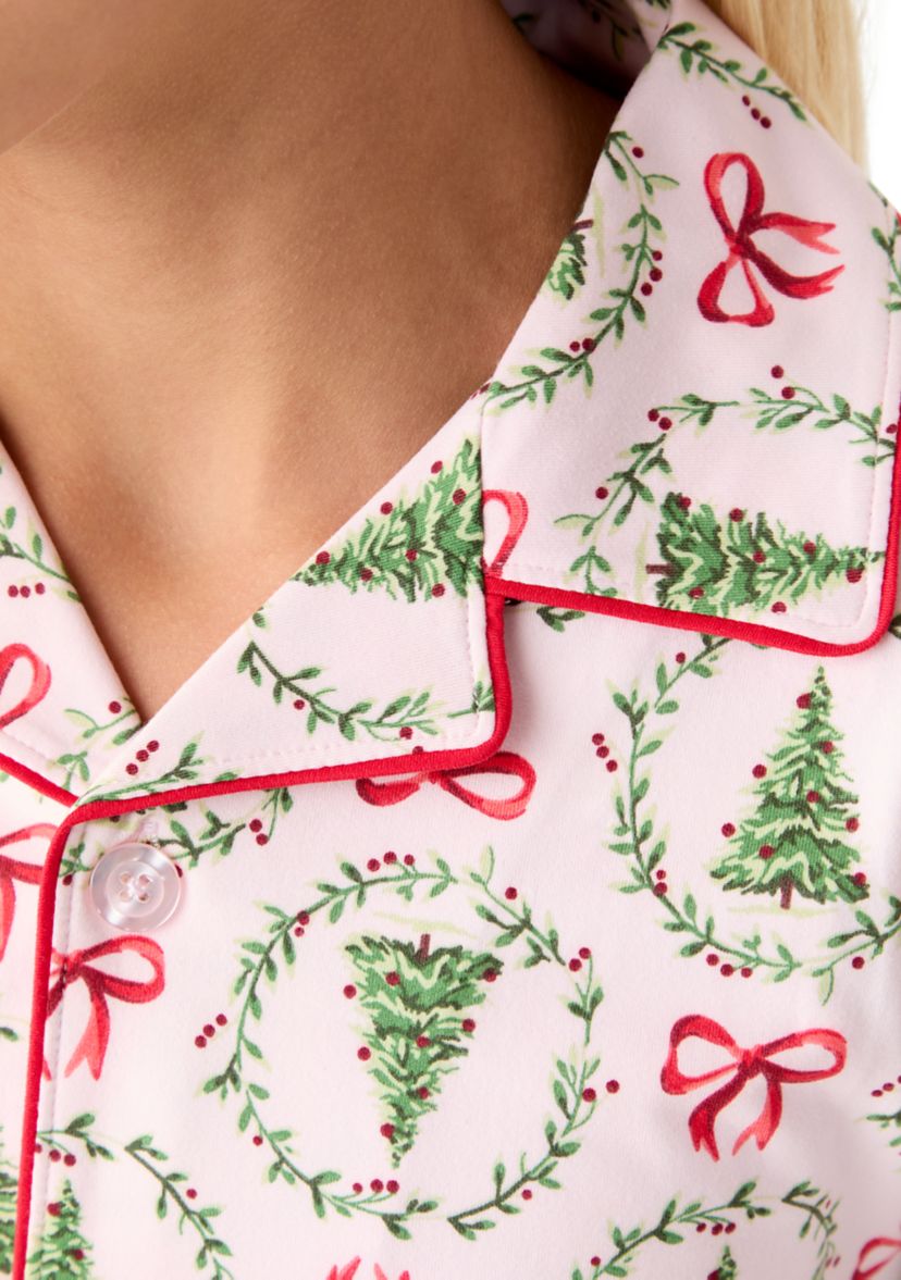 Unisex Big Kid Holiday Bows & Wreaths Notch Collar Pajama Set 