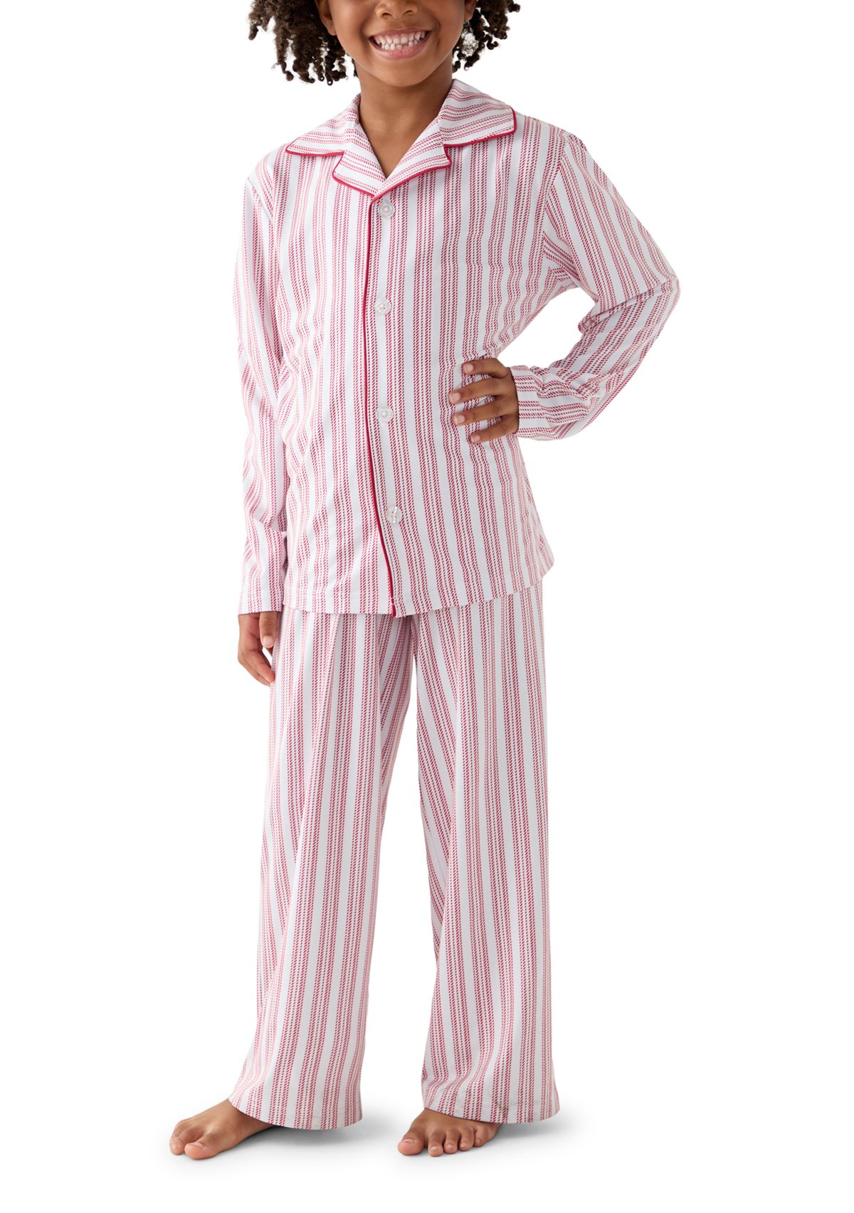  Unisex Big Kid Red Stripe Notch Collar Pajama Set 