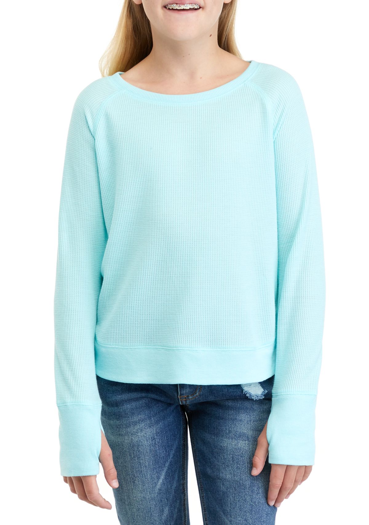 Girls 7-16 Long Sleeve Round Hem Waffle Knit T-Shirt