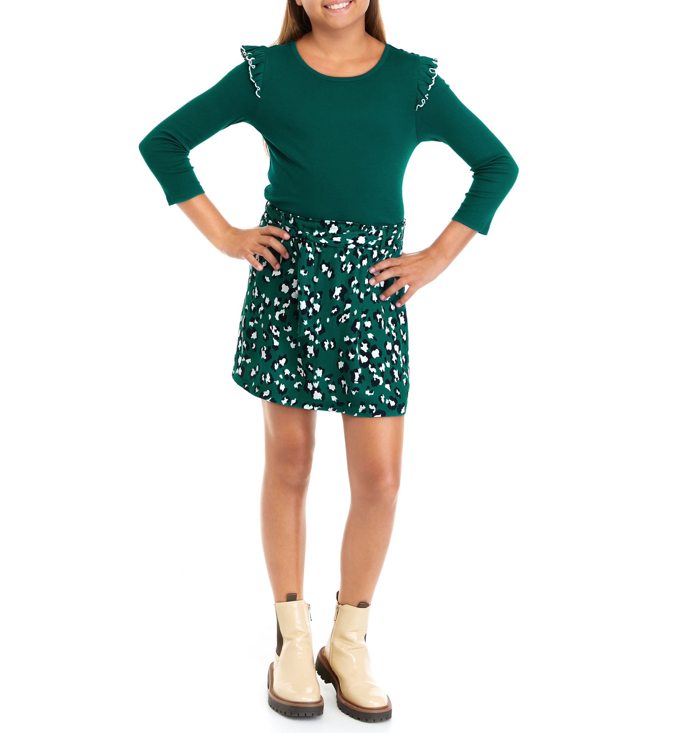 Girls 7-16 Long Sleeve Solid T-Shirt and Printed Skirt Set