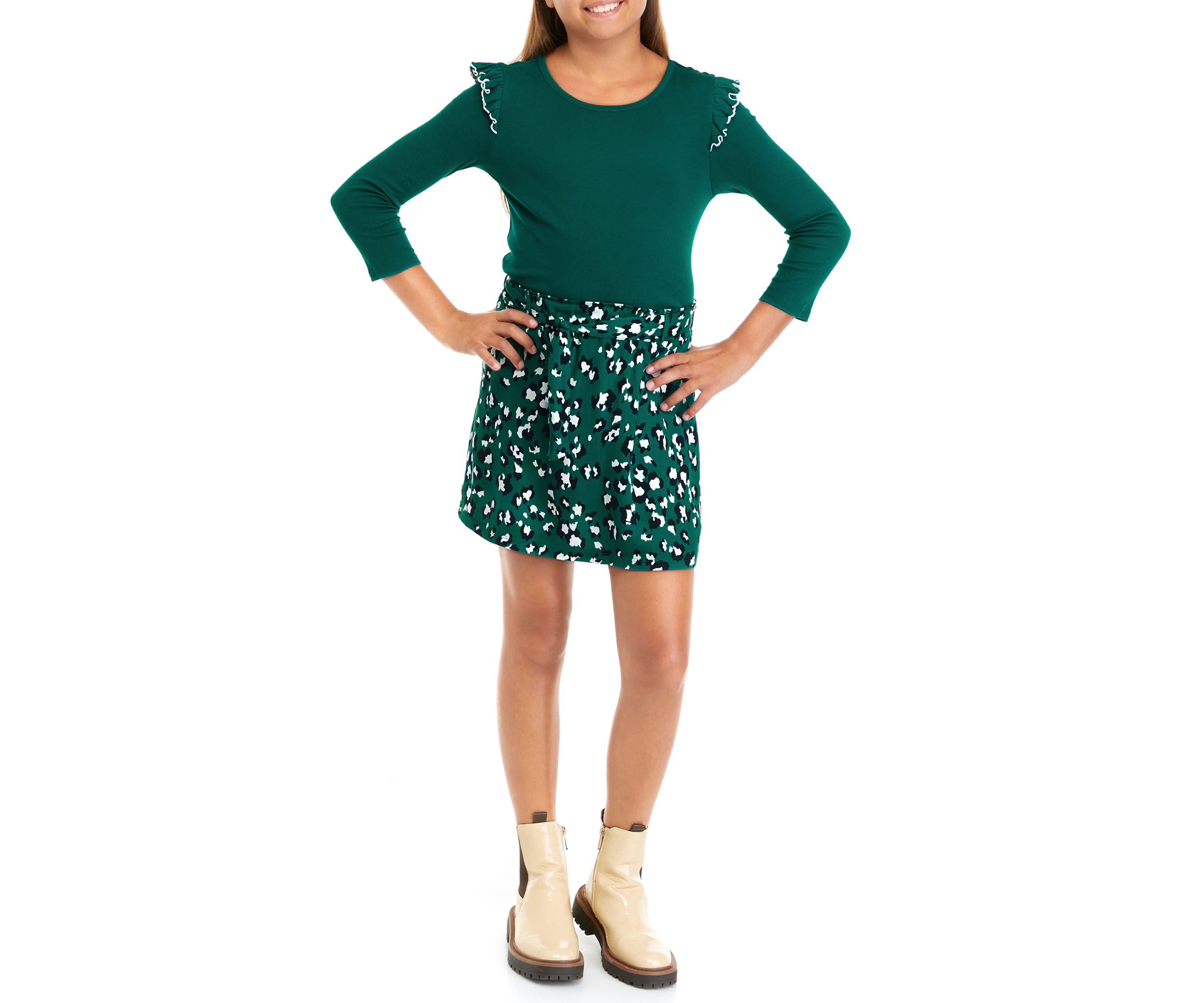 Girls 7-16 Long Sleeve Solid T-Shirt and Printed Skirt Set