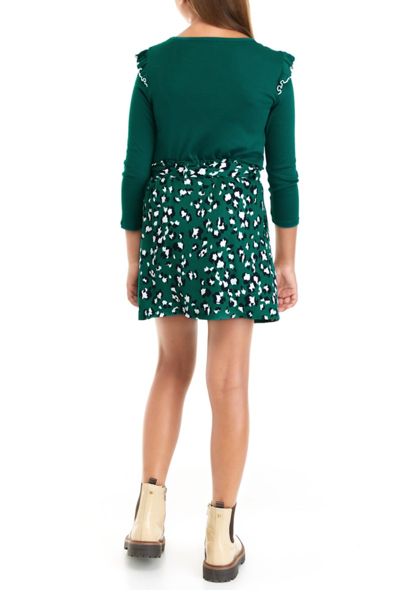 Girls 7-16 Long Sleeve Solid T-Shirt and Printed Skirt Set