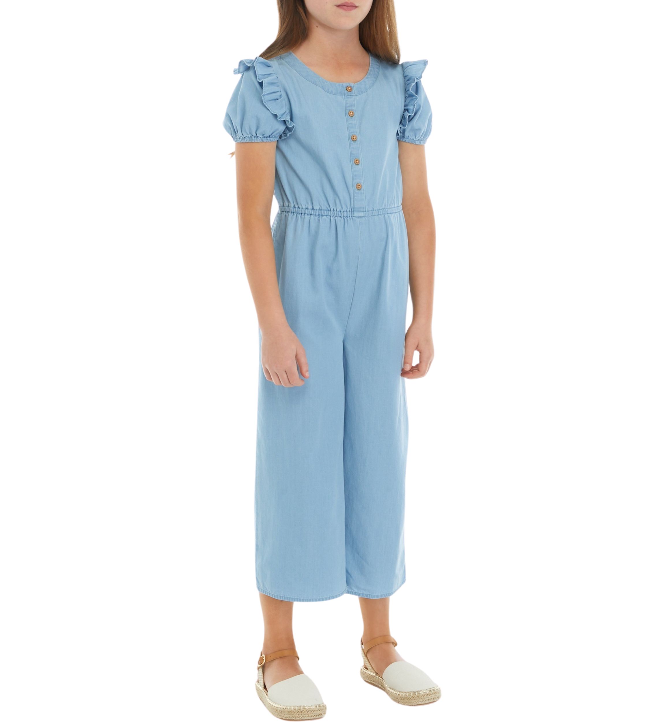 Girls 7-16 Chambray Button Front Ruffle Jumpsuit