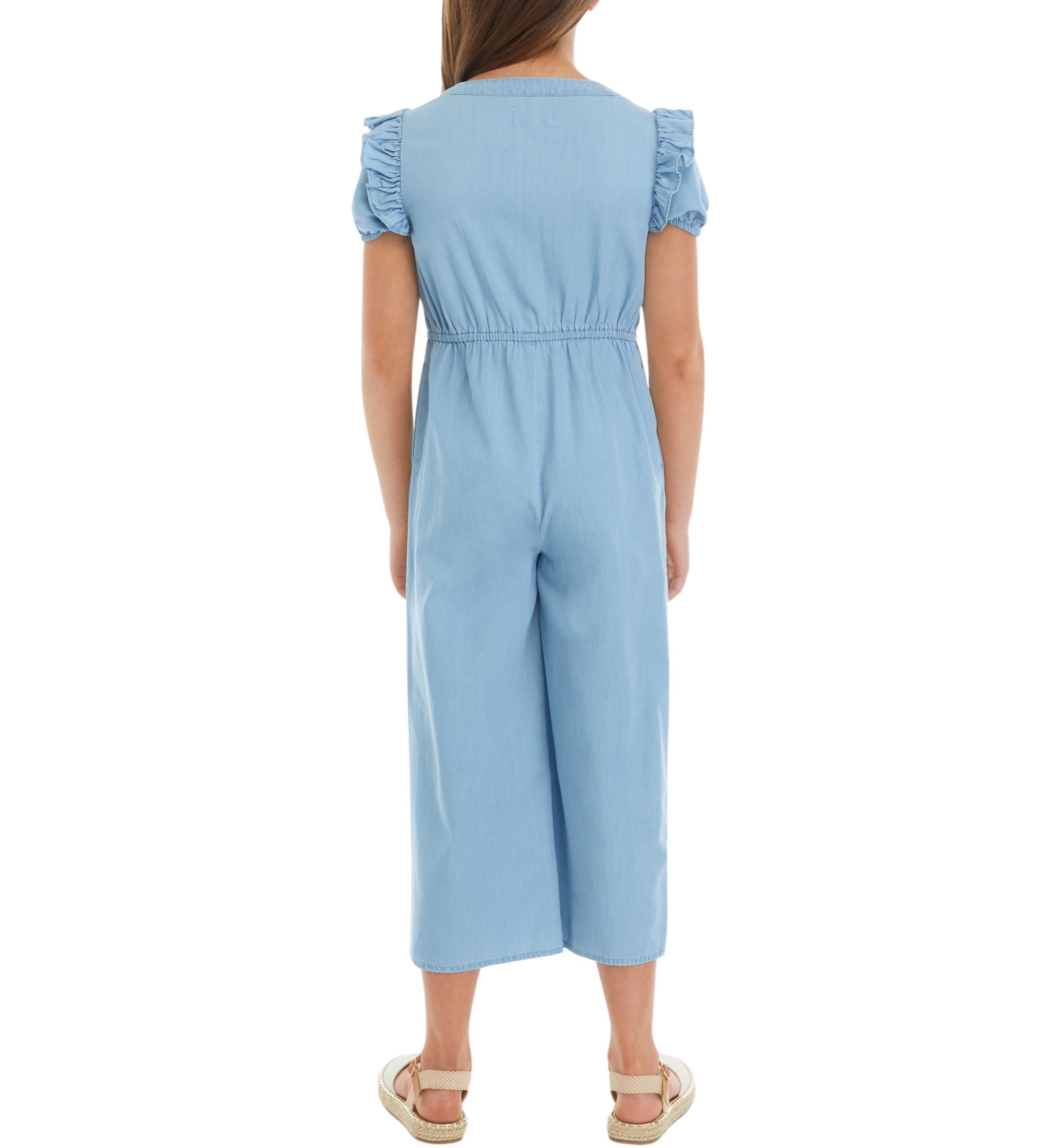 Girls 7-16 Chambray Button Front Ruffle Jumpsuit