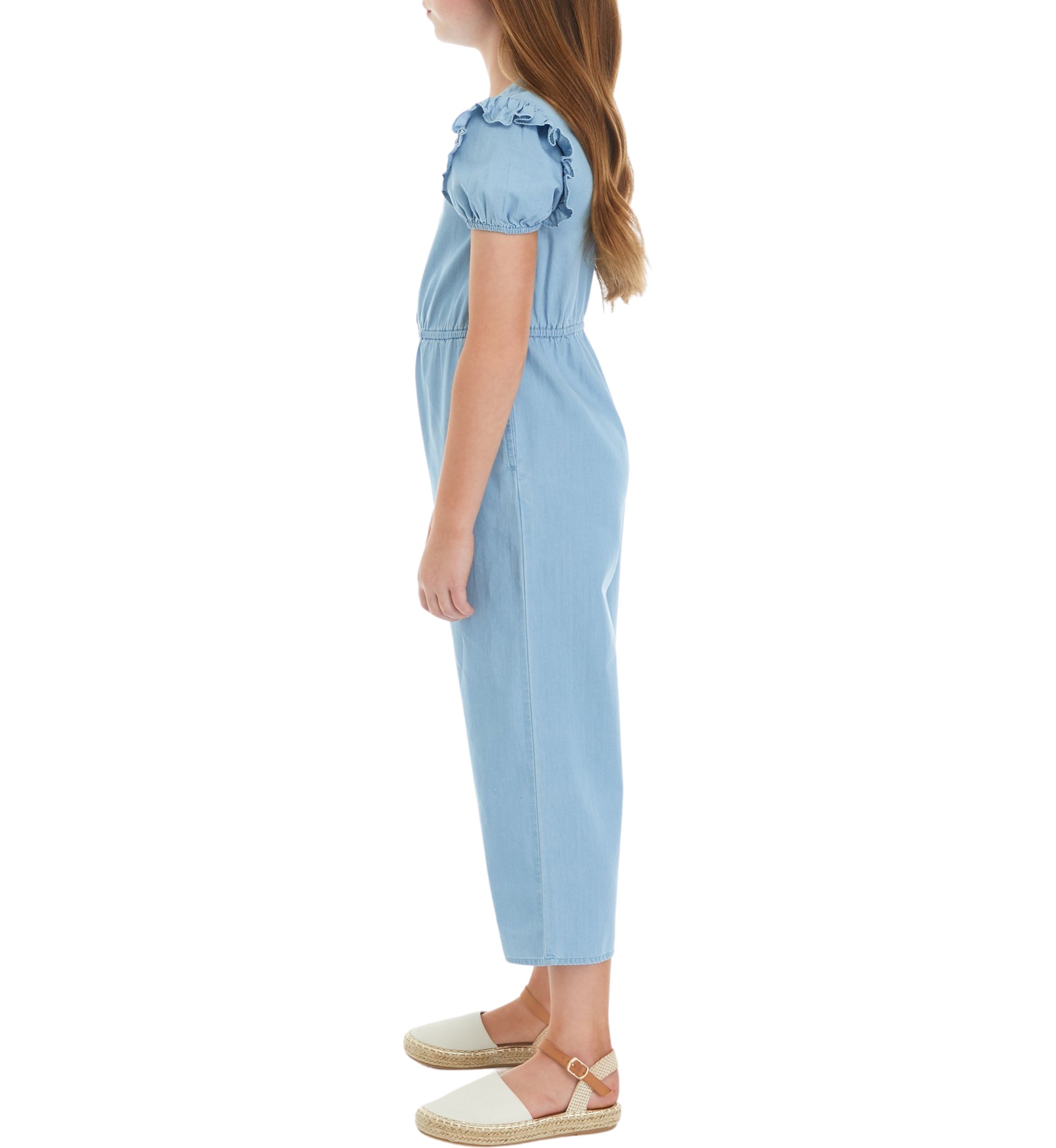 Girls 7-16 Chambray Button Front Ruffle Jumpsuit