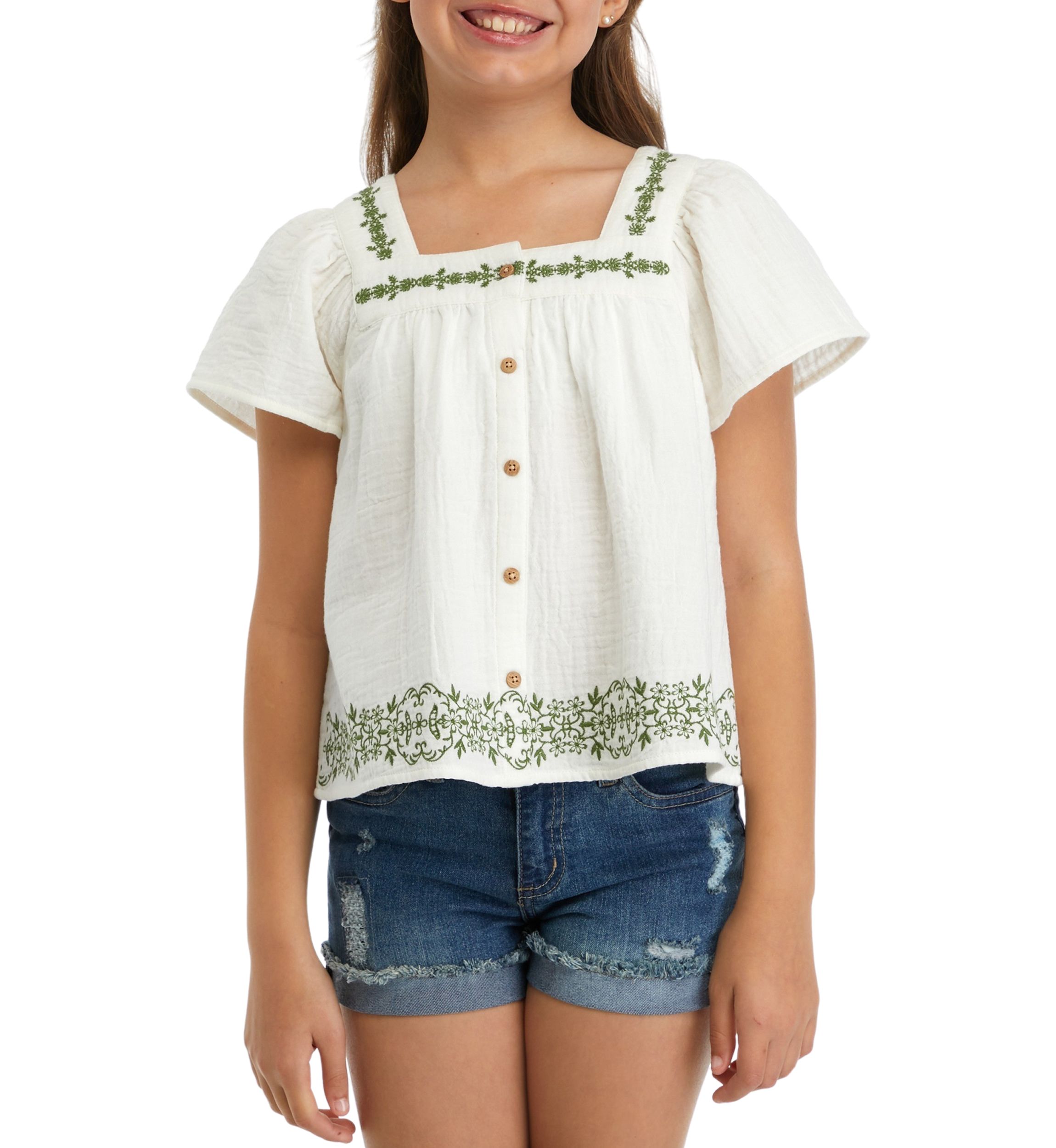 Girls 7-16 Embroidered Button Front Top