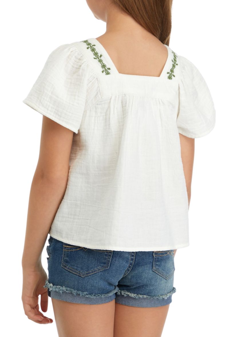Girls 7-16 Embroidered Button Front Top