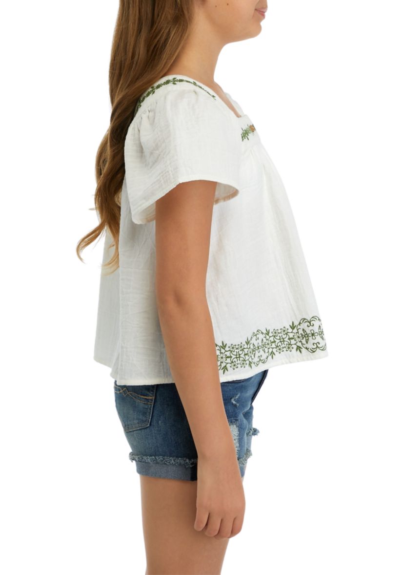 Girls 7-16 Embroidered Button Front Top