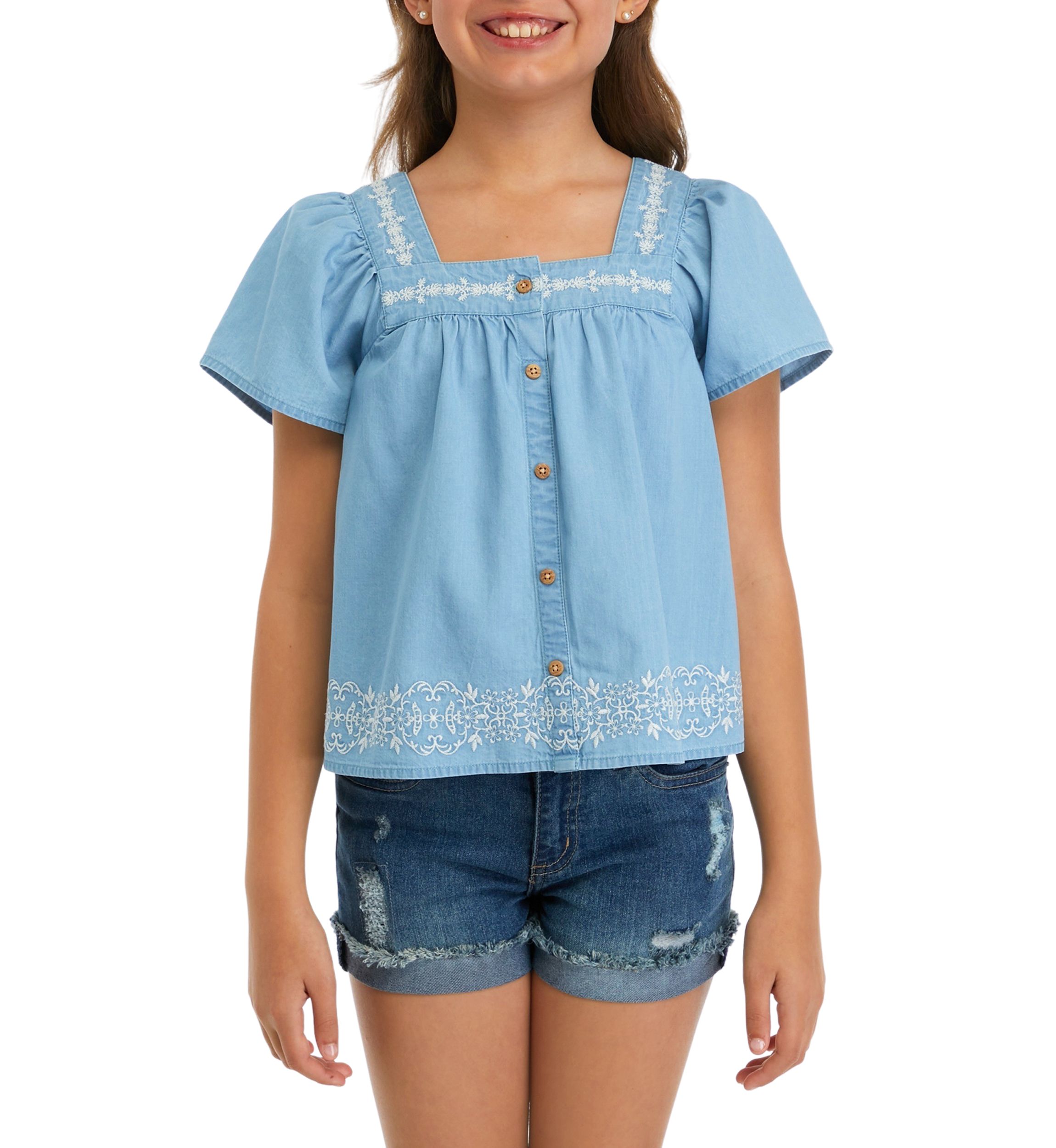 Girls 7-16 Button Front Embroidered Top