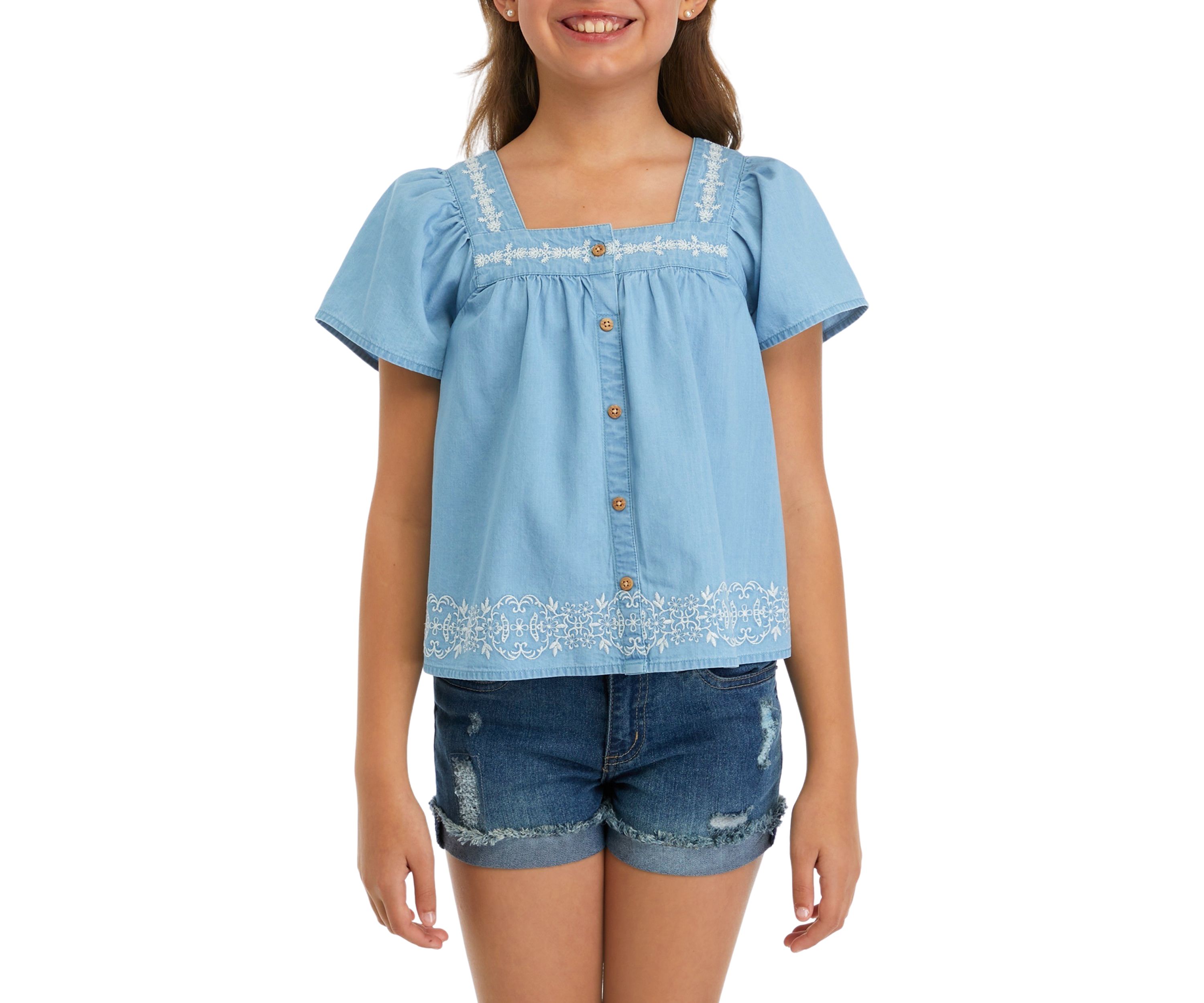 Girls 7-16 Button Front Embroidered Top