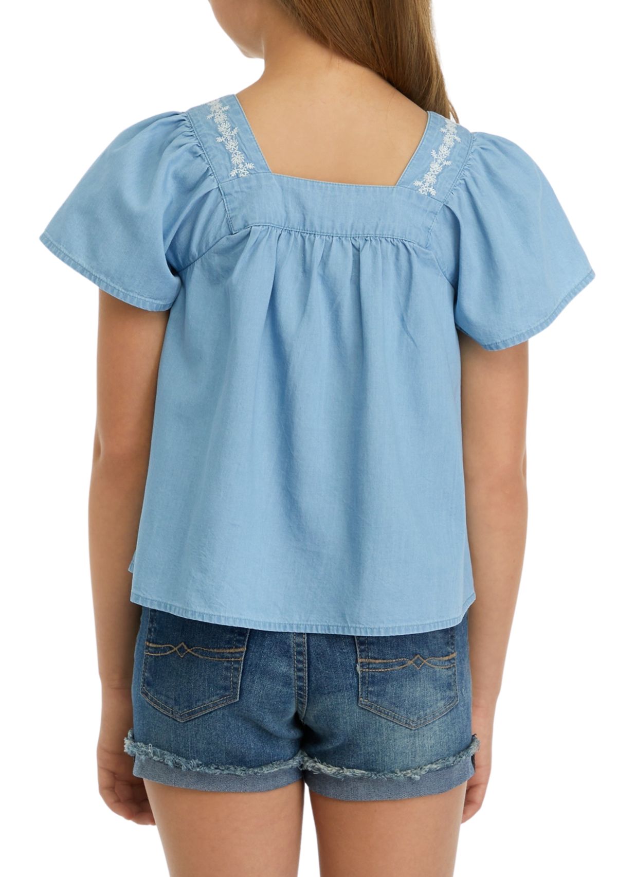 Girls 7-16 Button Front Embroidered Top