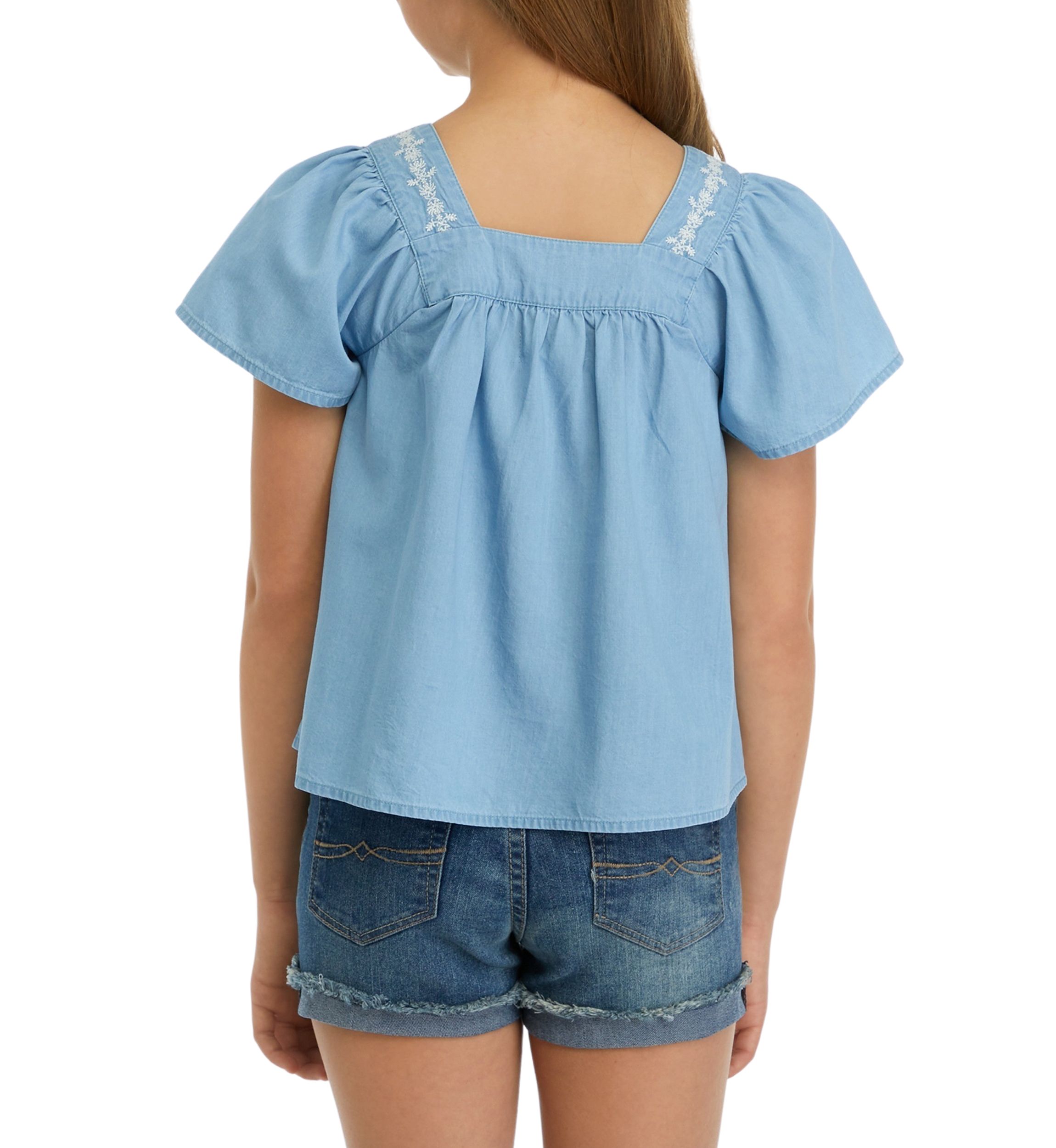 Girls 7-16 Button Front Embroidered Top