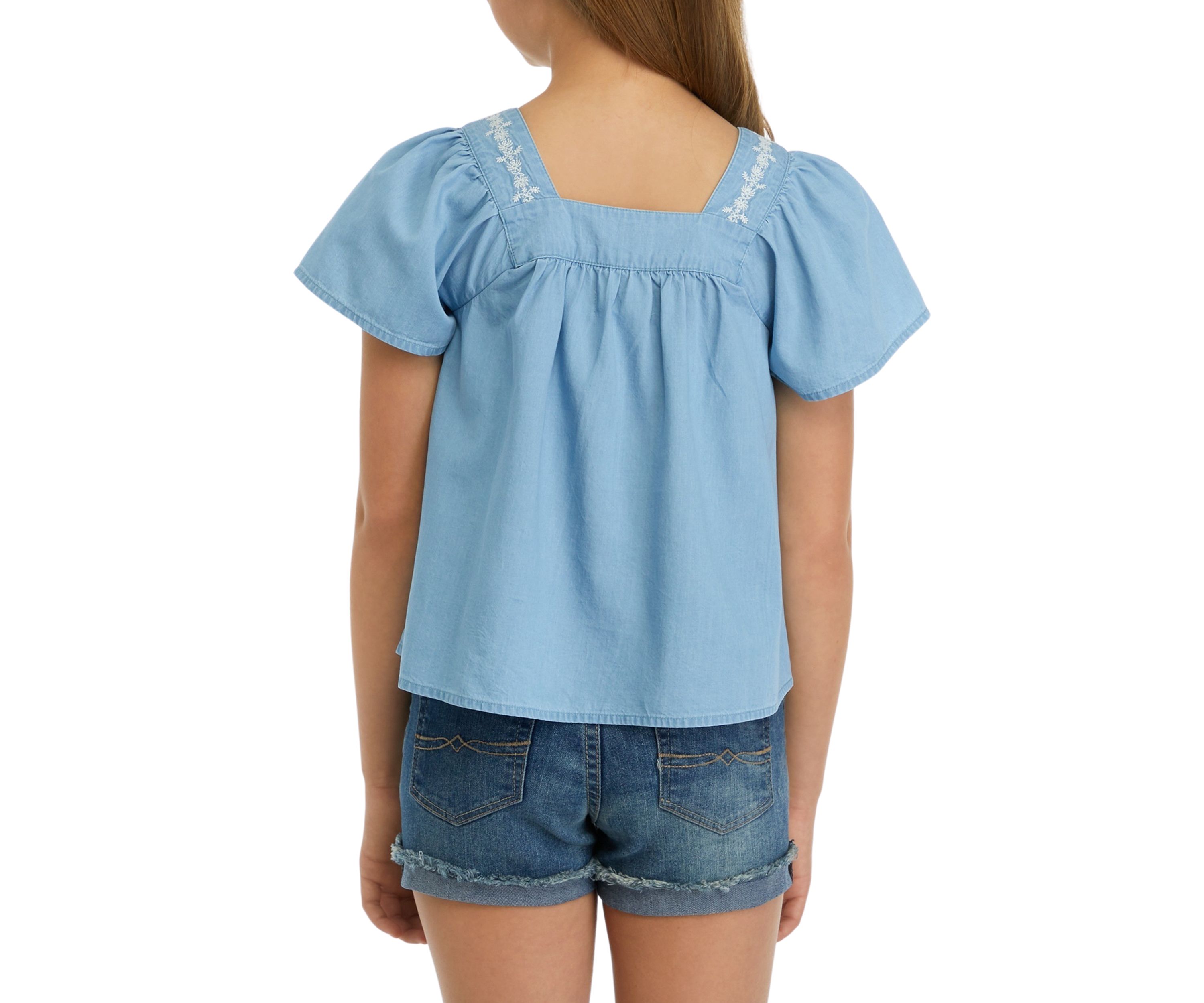 Girls 7-16 Button Front Embroidered Top