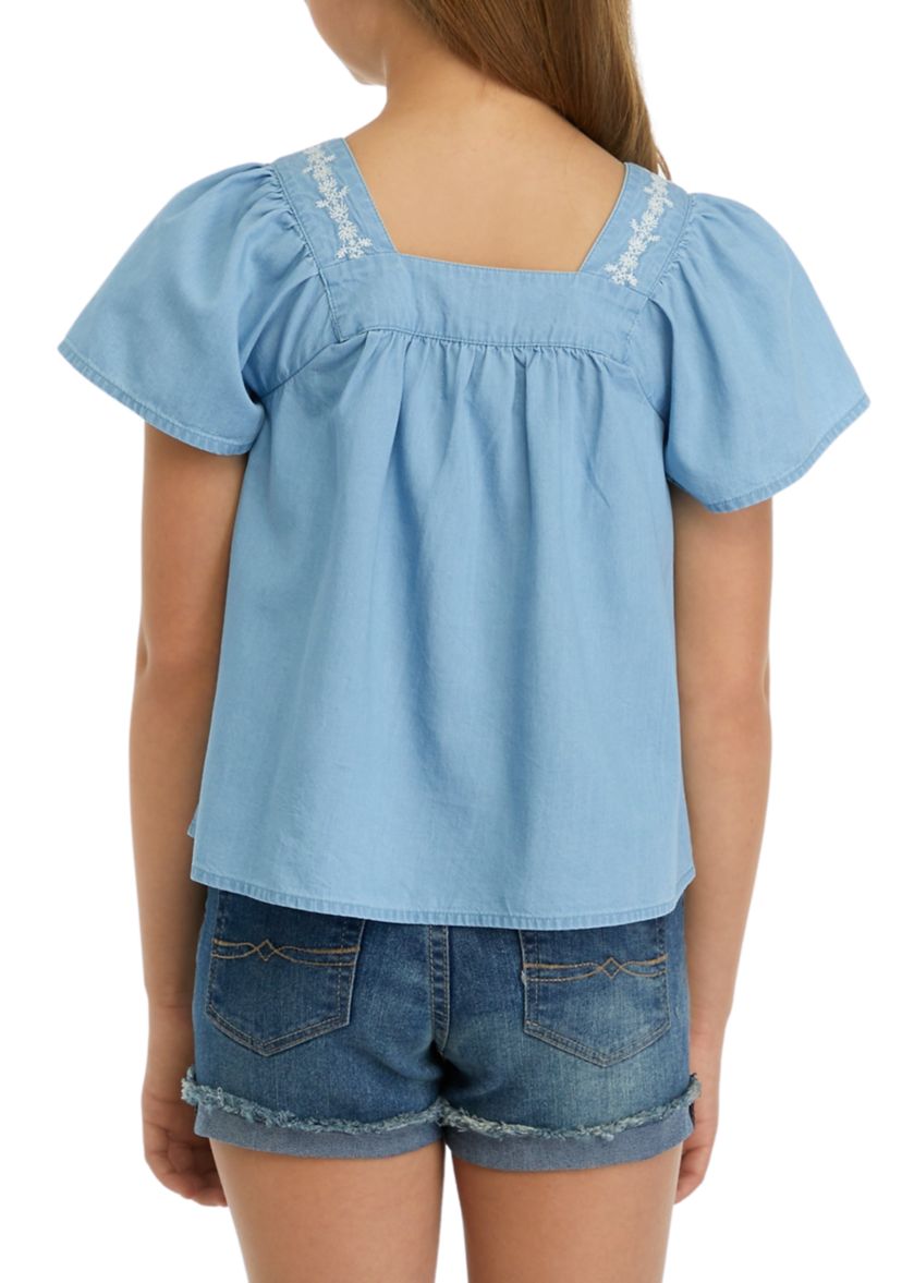 Girls 7-16 Button Front Embroidered Top