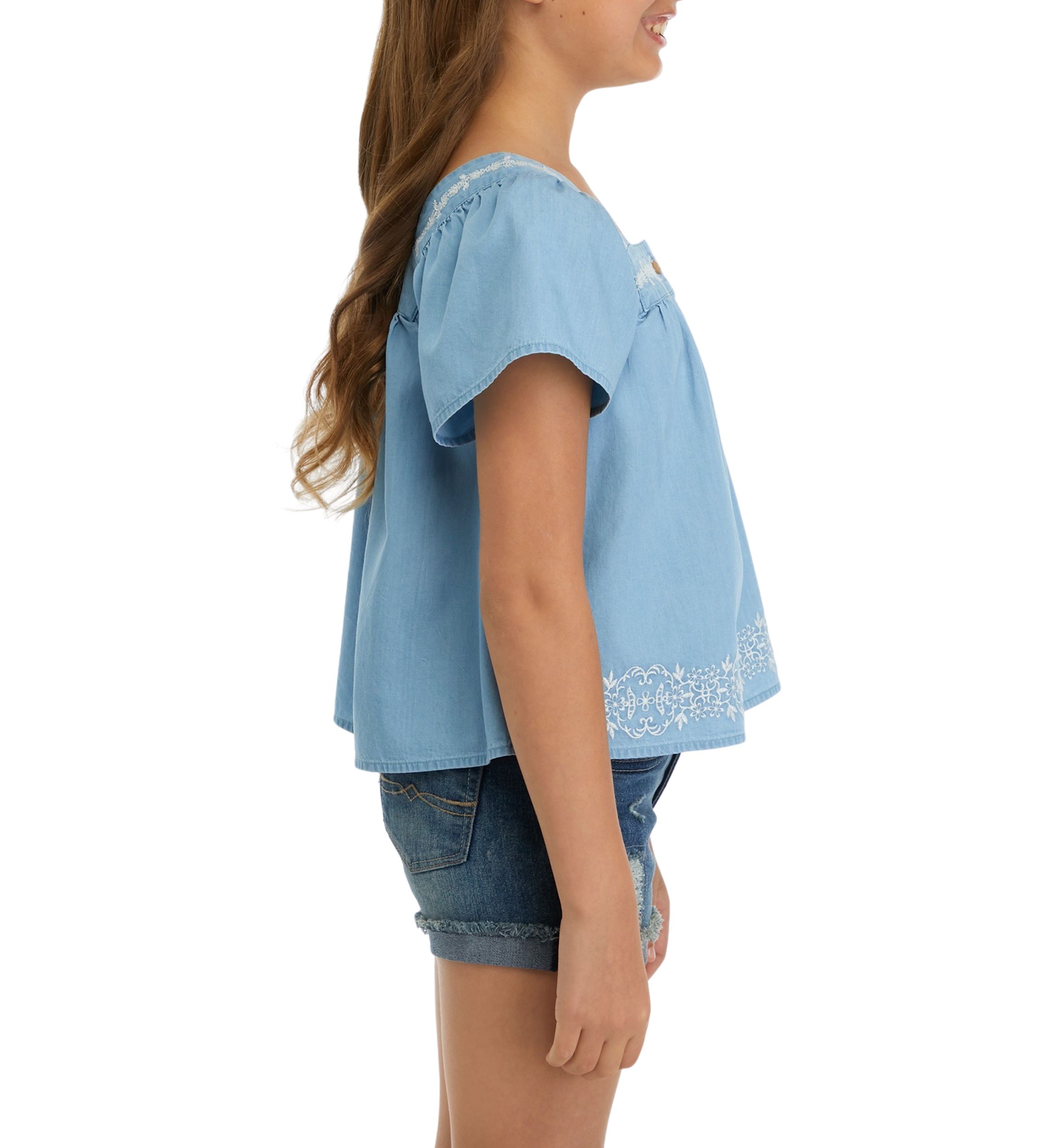 Girls 7-16 Button Front Embroidered Top