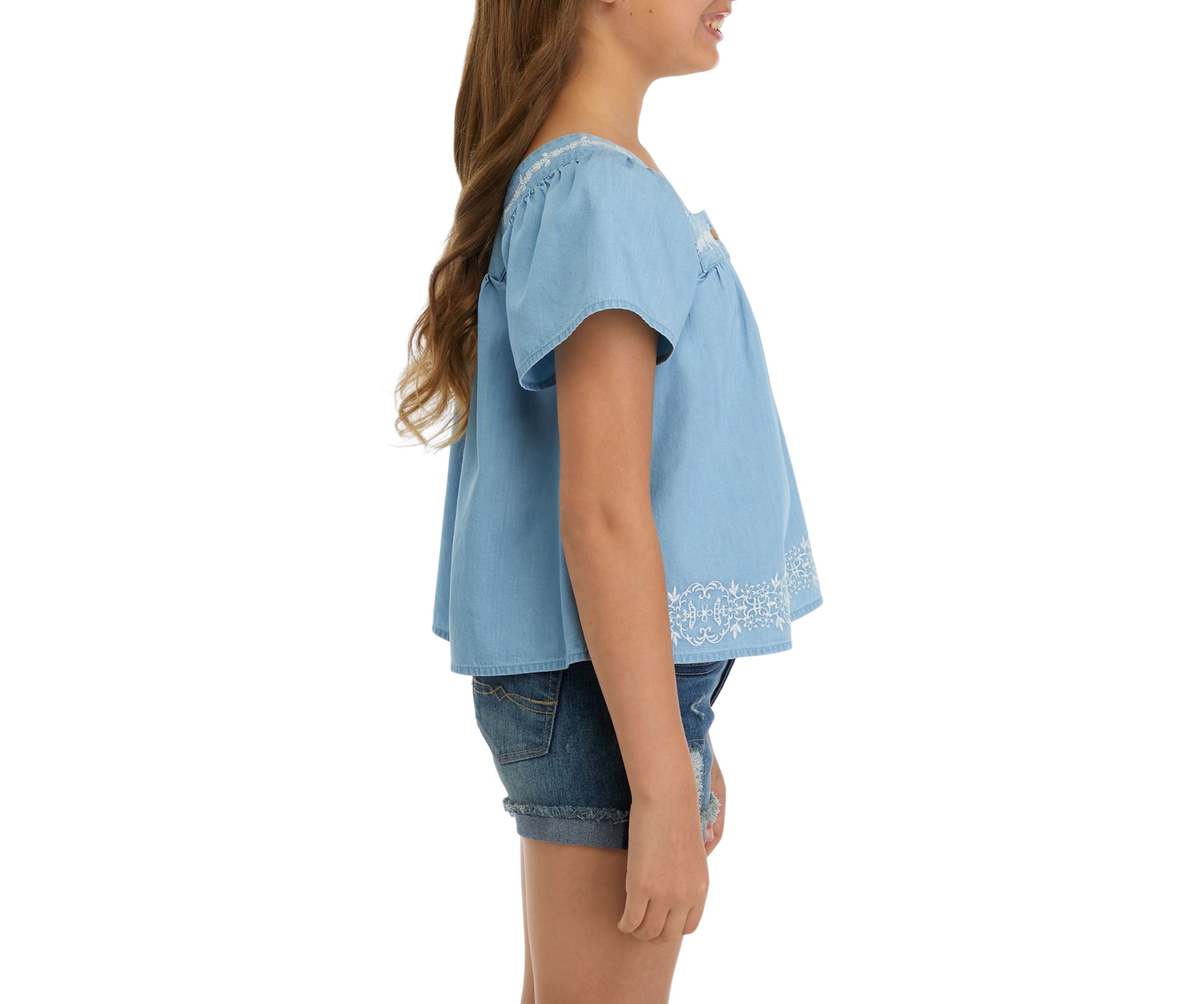 Girls 7-16 Button Front Embroidered Top
