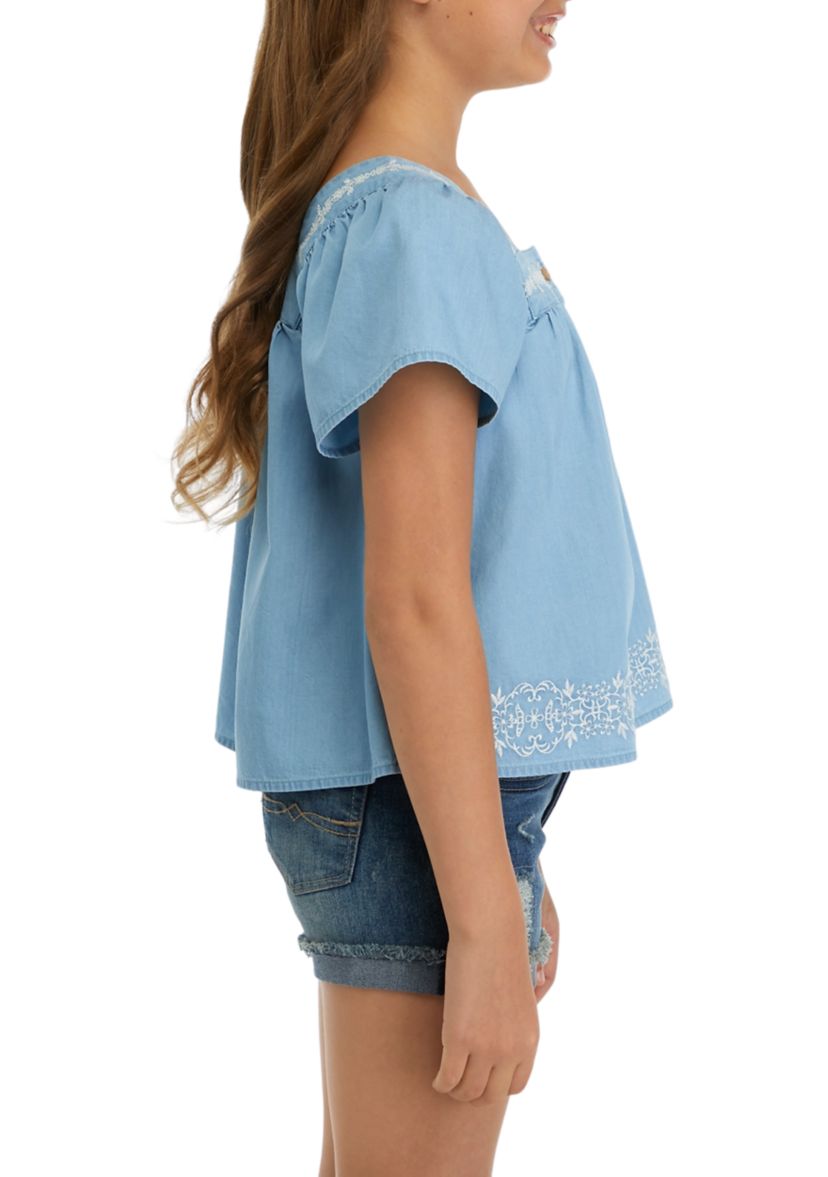 Girls 7-16 Button Front Embroidered Top