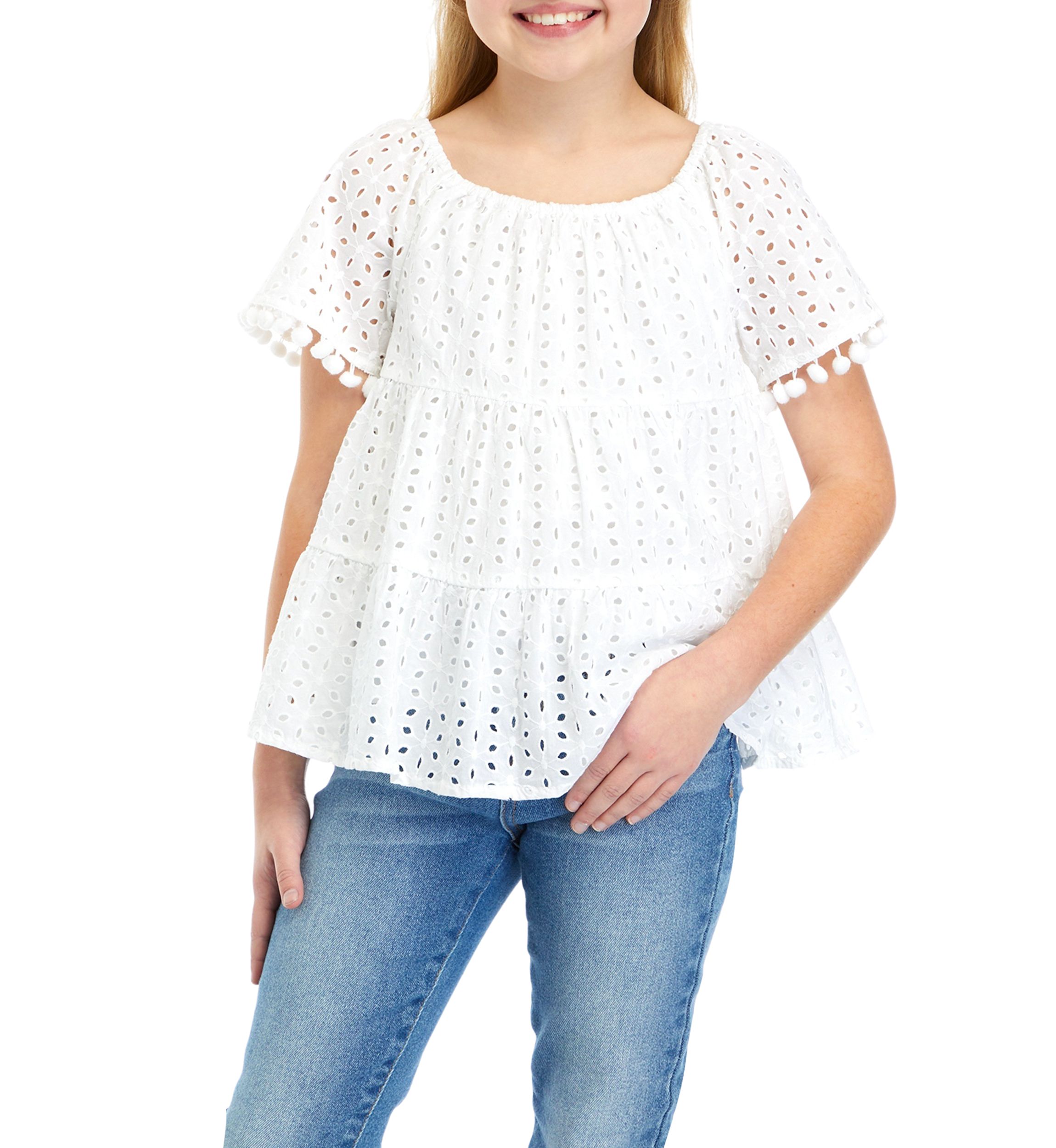 Girls 7-16 Eyelet Tiered Pom Trim Top
