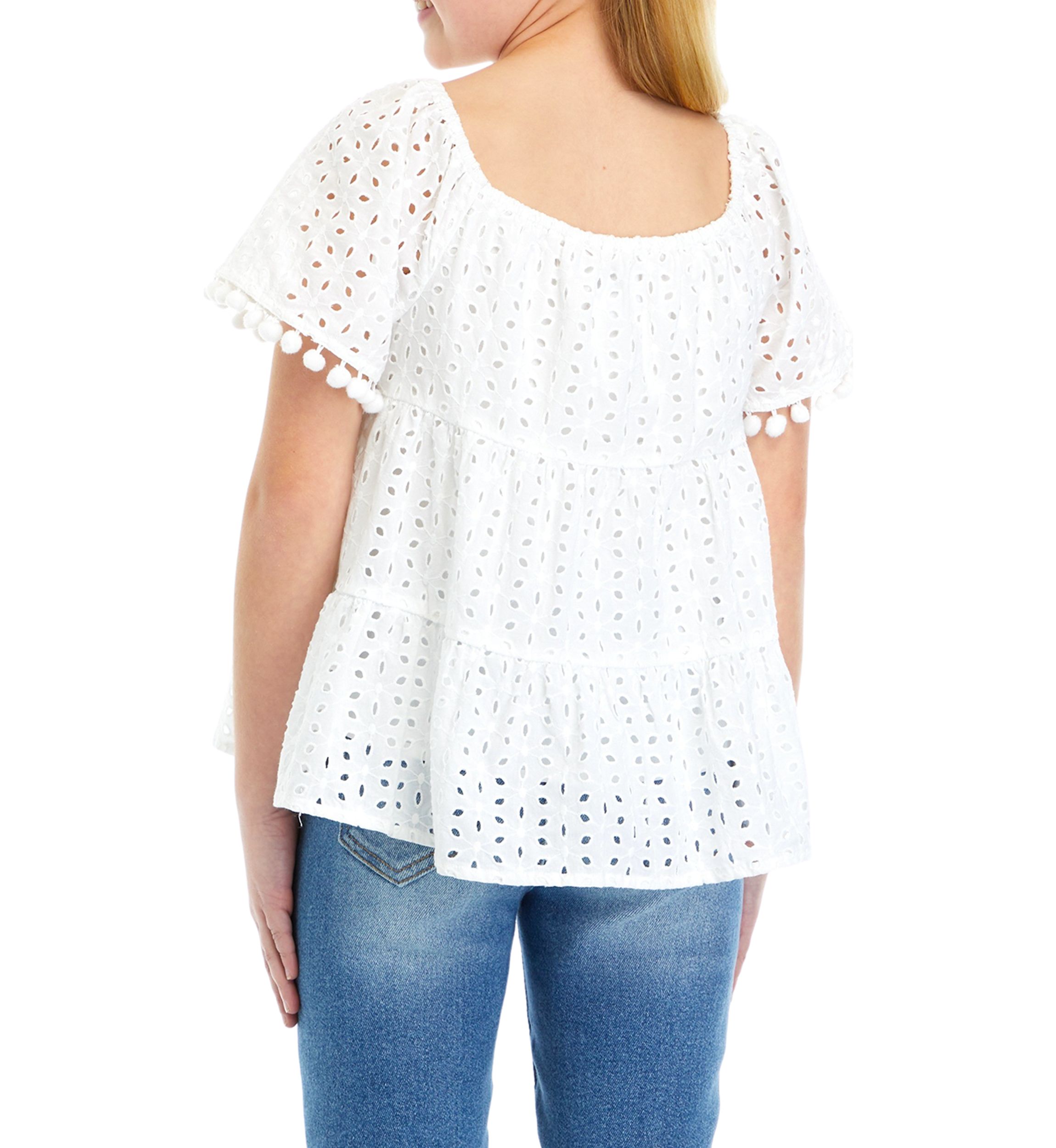 Girls 7-16 Eyelet Tiered Pom Trim Top