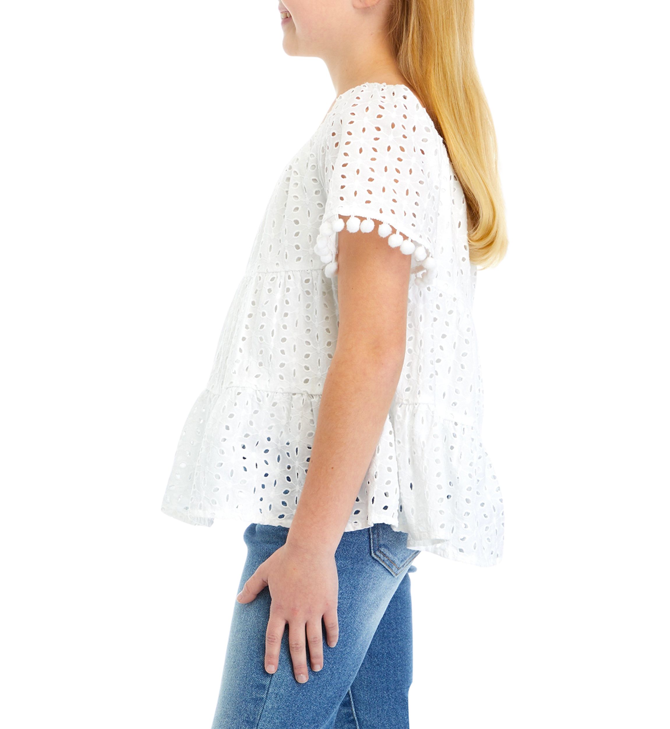 Girls 7-16 Eyelet Tiered Pom Trim Top