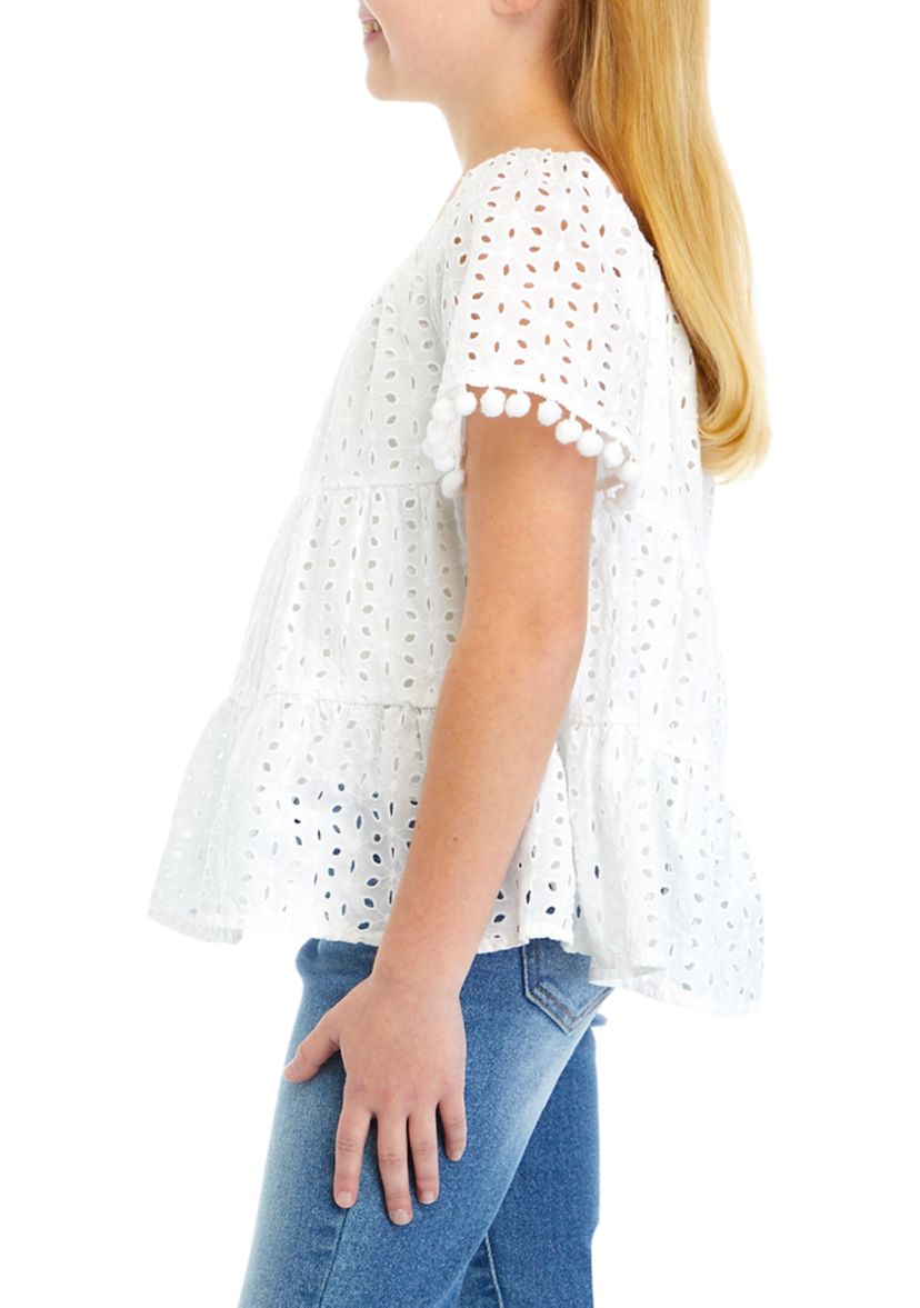 Girls 7-16 Eyelet Tiered Pom Trim Top