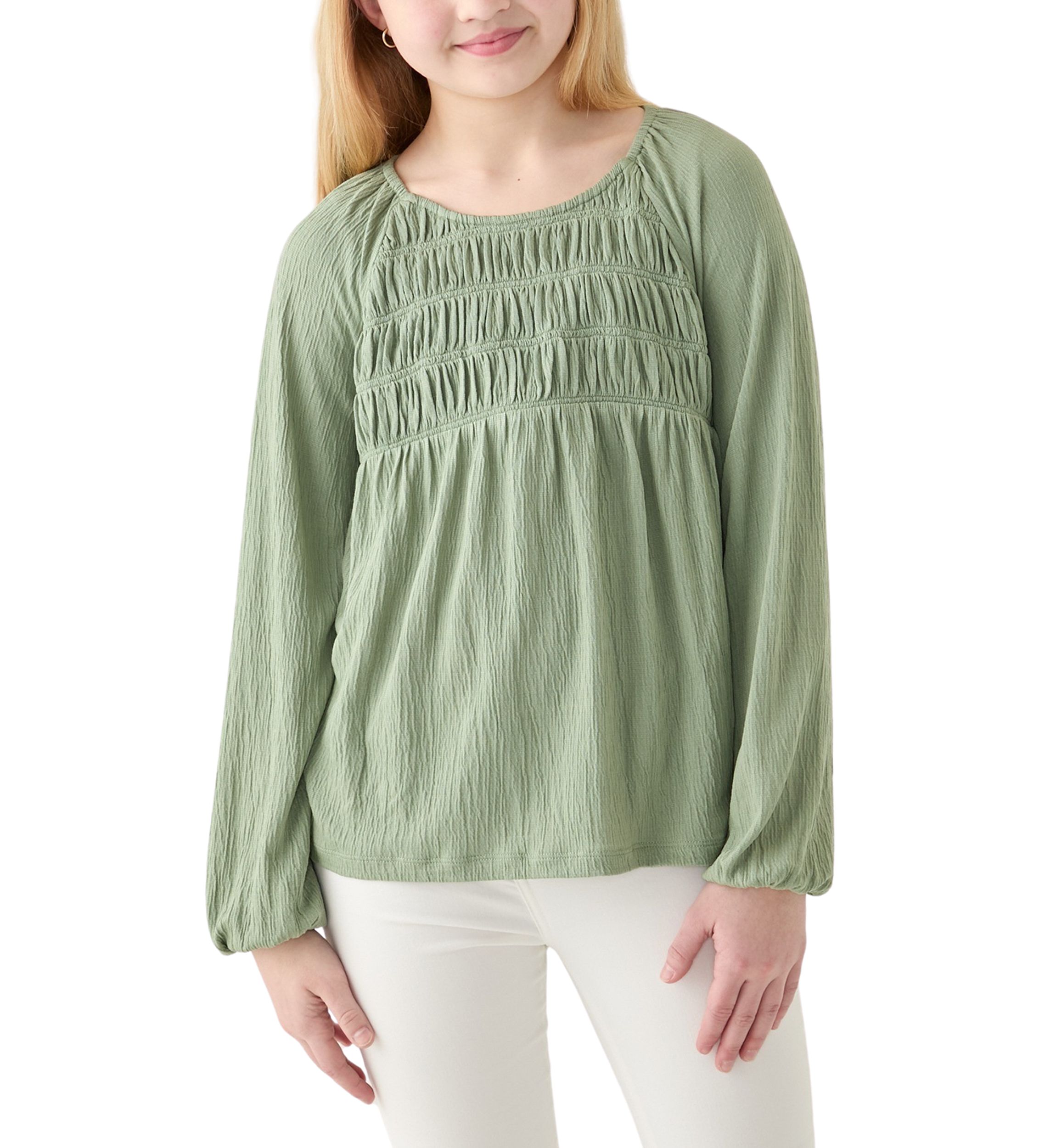 Girls 7-16 Long Sleeve Smocked Crinkle Knit Top