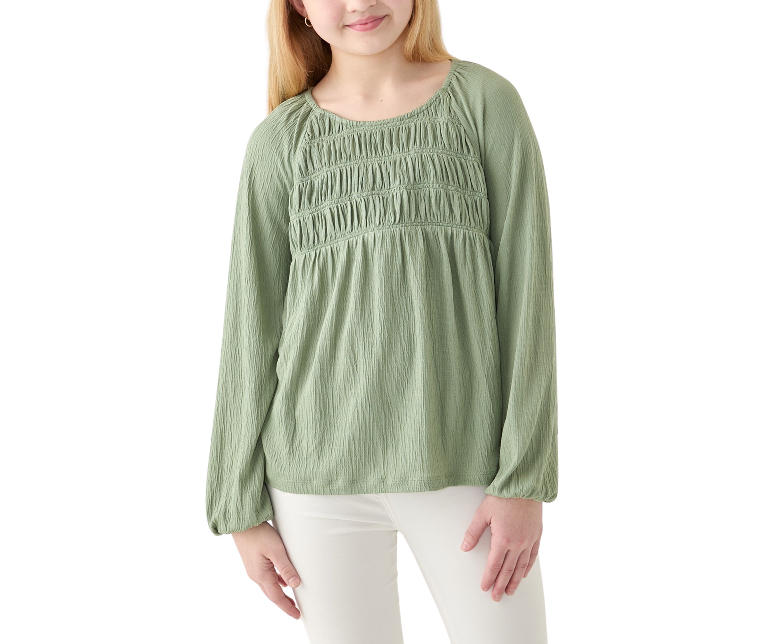 Girls 7-16 Long Sleeve Smocked Crinkle Knit Top