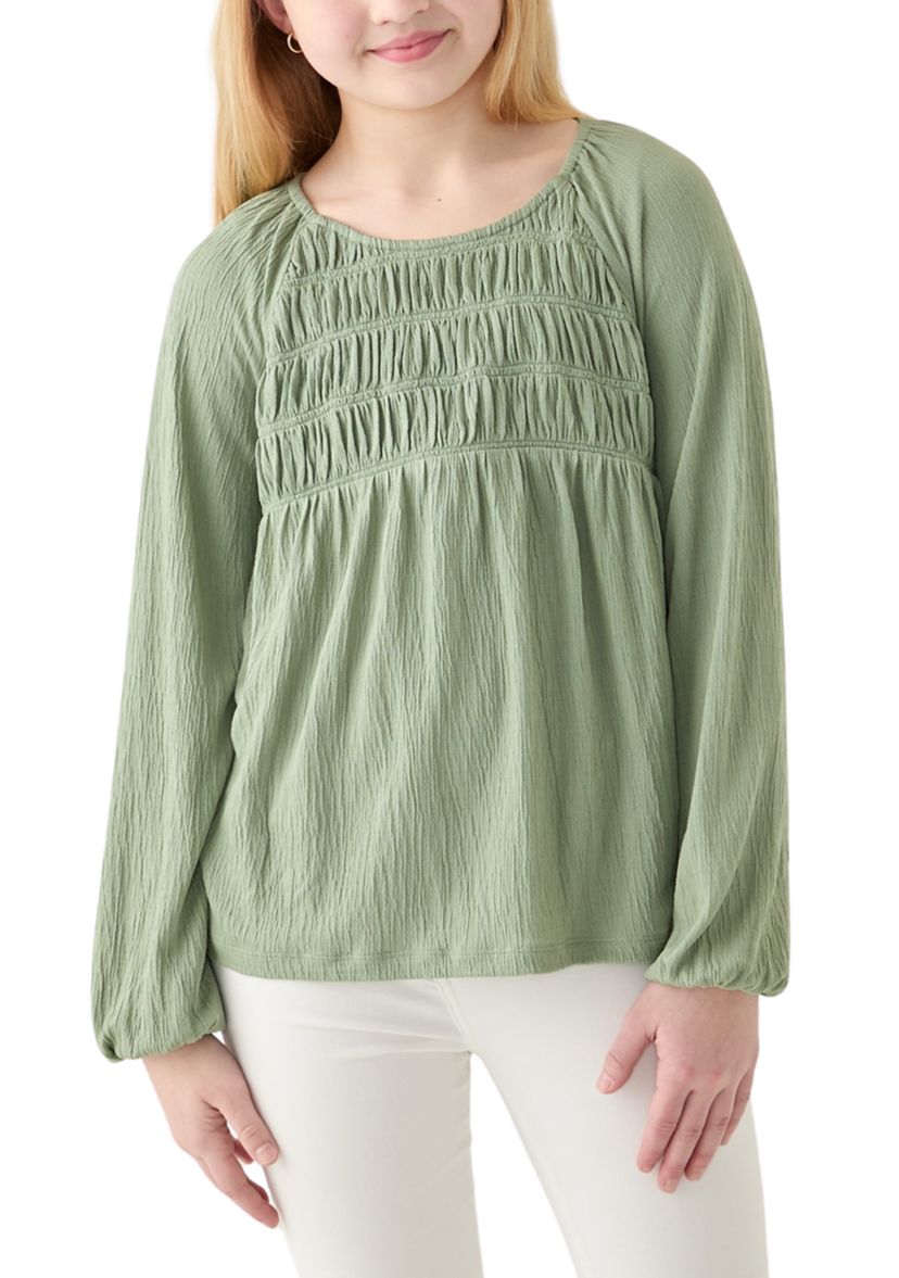 Girls 7-16 Long Sleeve Smocked Crinkle Knit Top