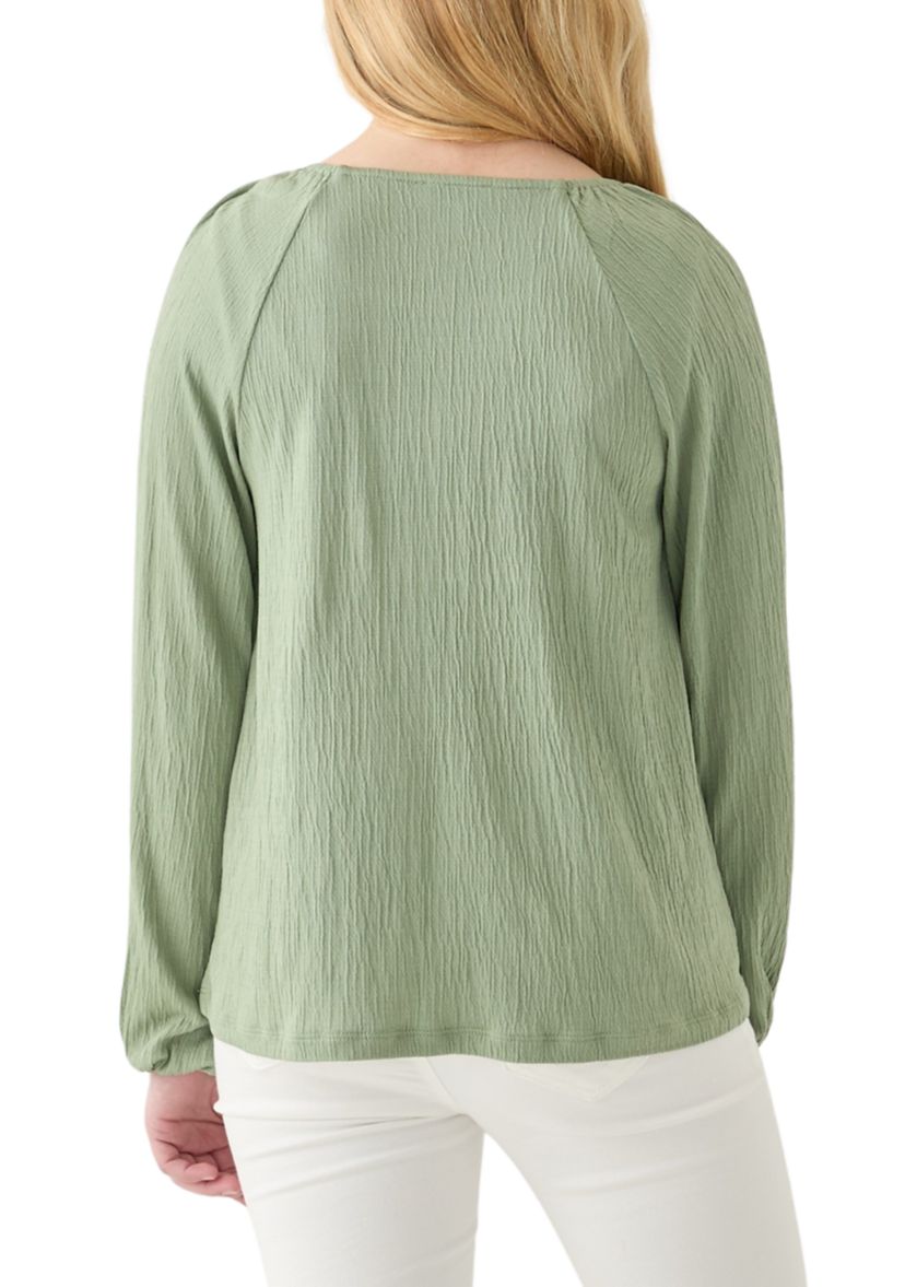Girls 7-16 Long Sleeve Smocked Crinkle Knit Top