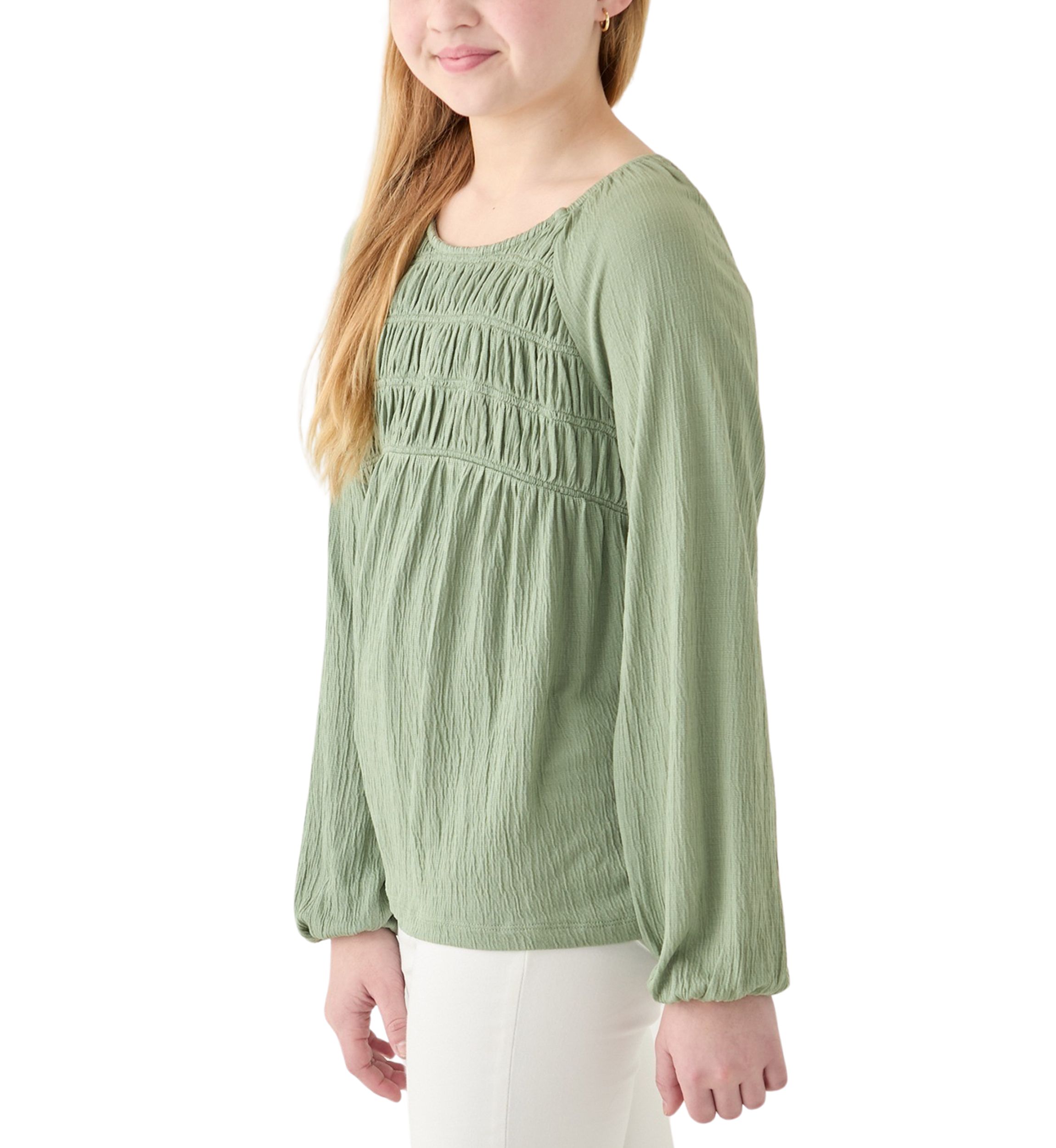 Girls 7-16 Long Sleeve Smocked Crinkle Knit Top
