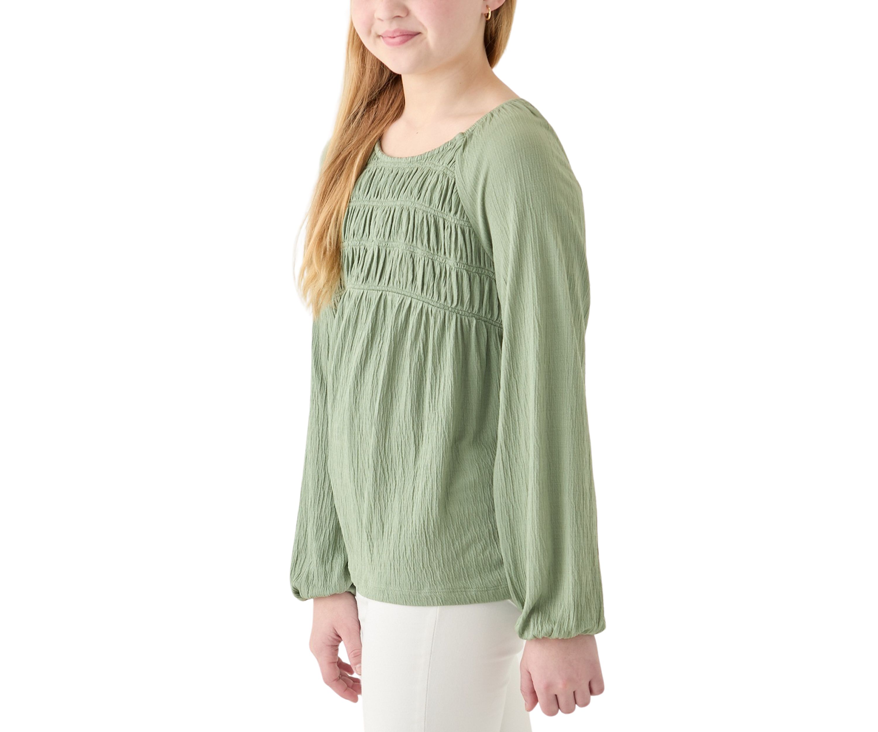 Girls 7-16 Long Sleeve Smocked Crinkle Knit Top