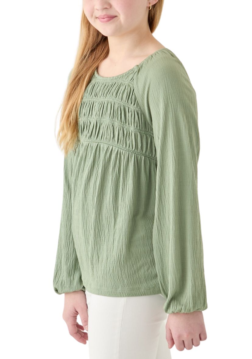 Girls 7-16 Long Sleeve Smocked Crinkle Knit Top