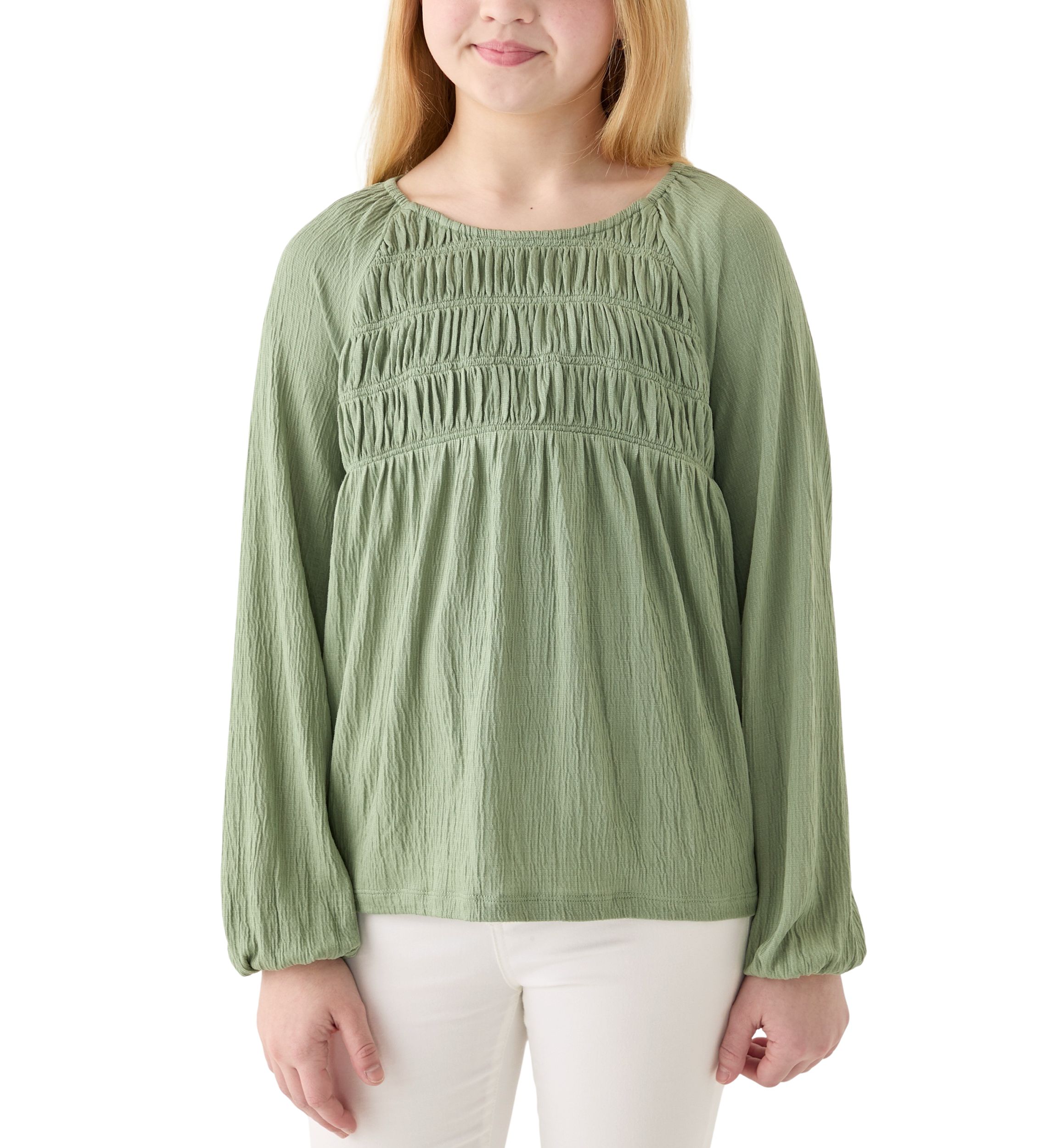 Girls 7-16 Long Sleeve Smocked Crinkle Knit Top