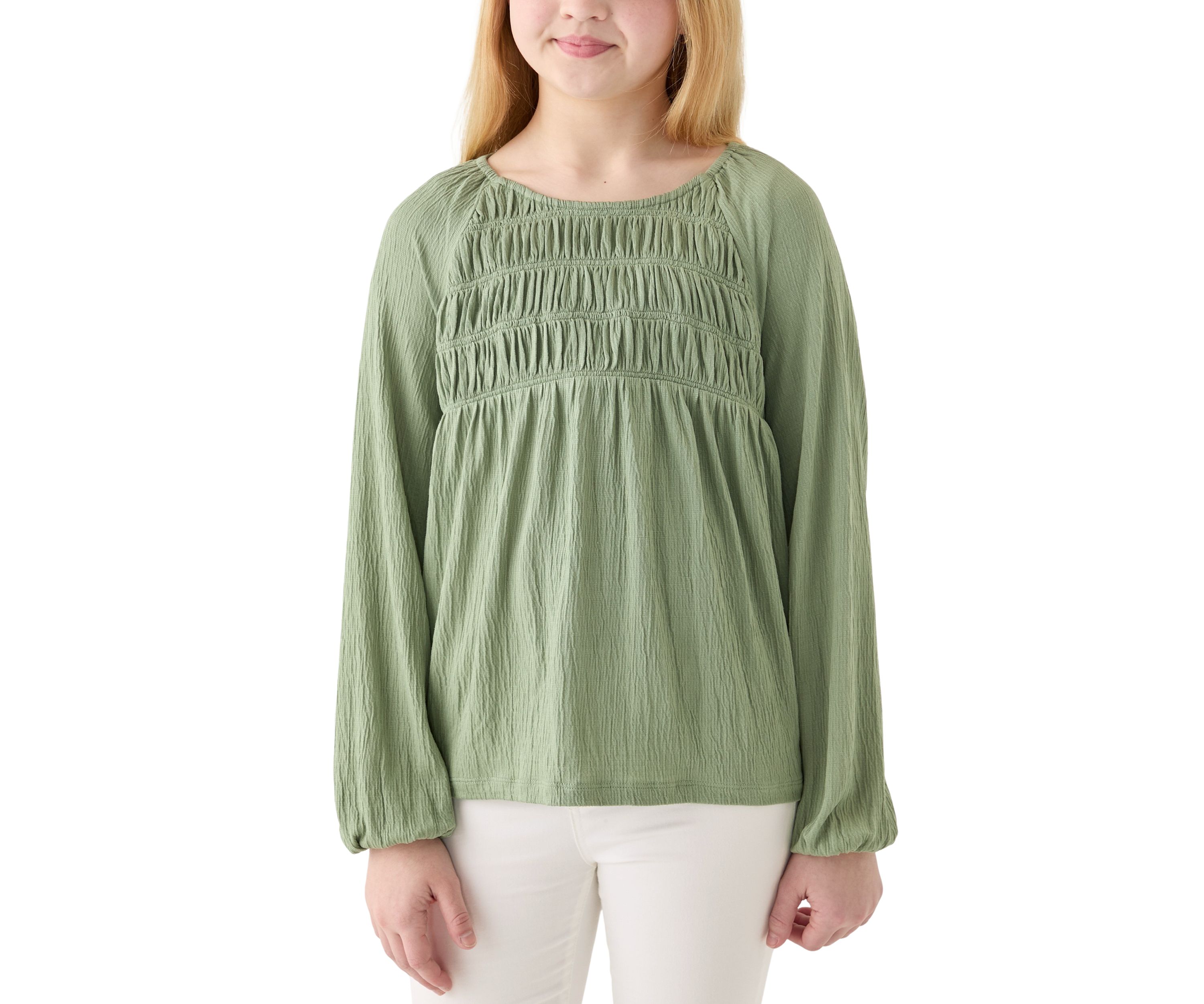 Girls 7-16 Long Sleeve Smocked Crinkle Knit Top