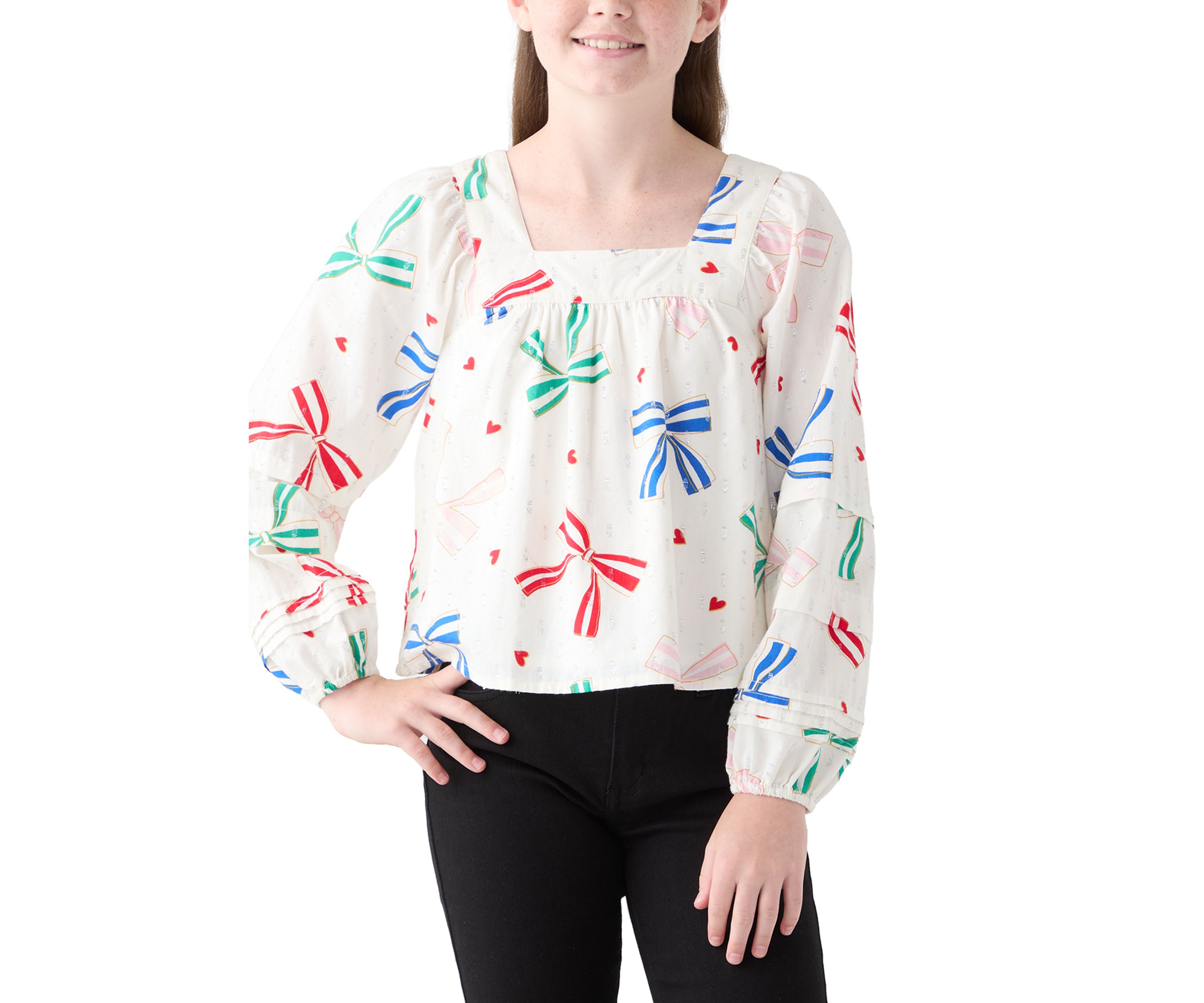 Girls 7-17 Balloon Sleeve Square Neck Bow Print Top 